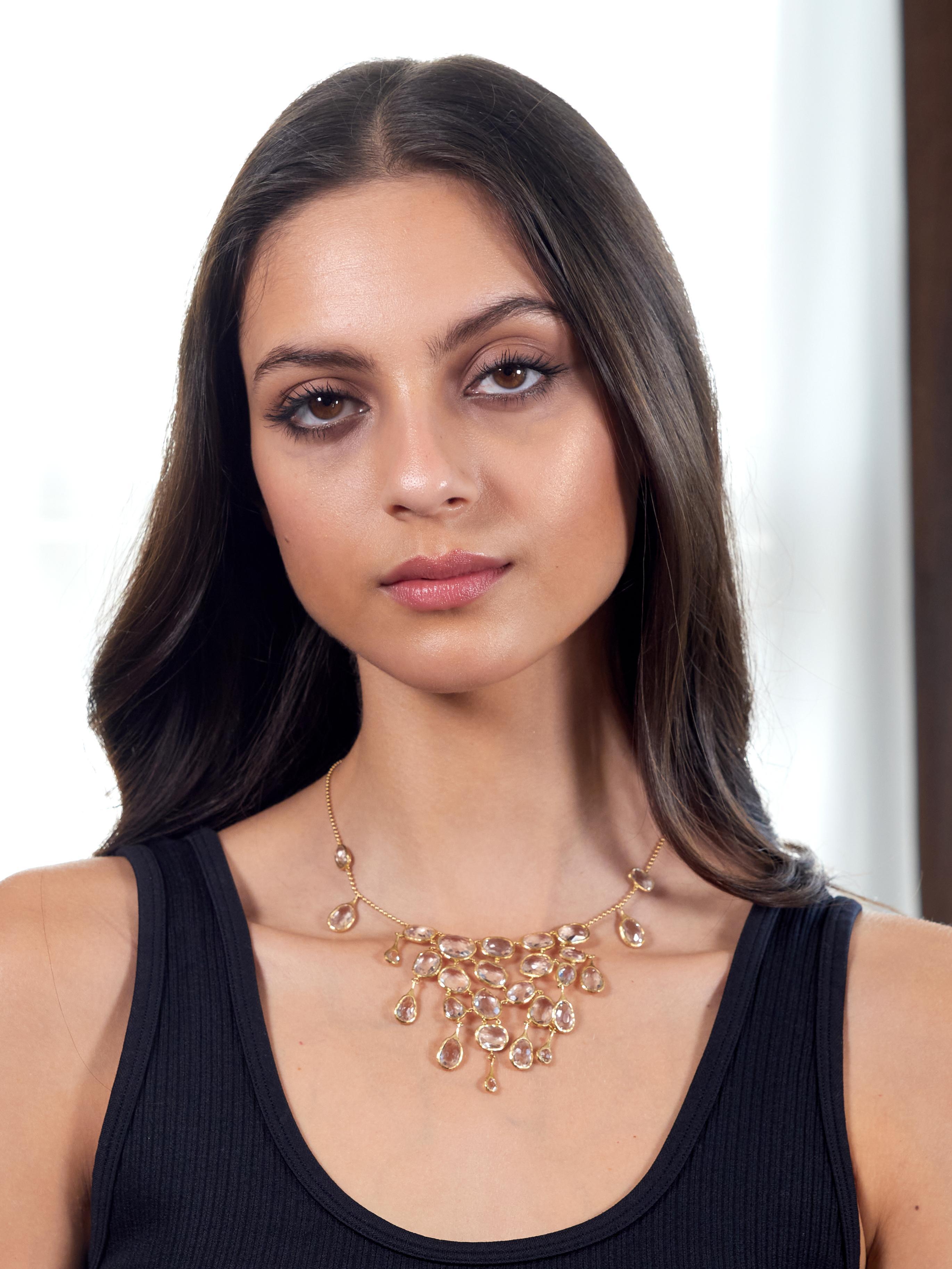 Designed as a bead link chain centering a fringed central station
Comprised of clustered double-sided rose cut crystal quartz
Organically shaped and bezel set as cluster and fringe
Ranging in size from 3.0 x 4.0 mm to 10.0 x 14.0 mm
Bezels feature a