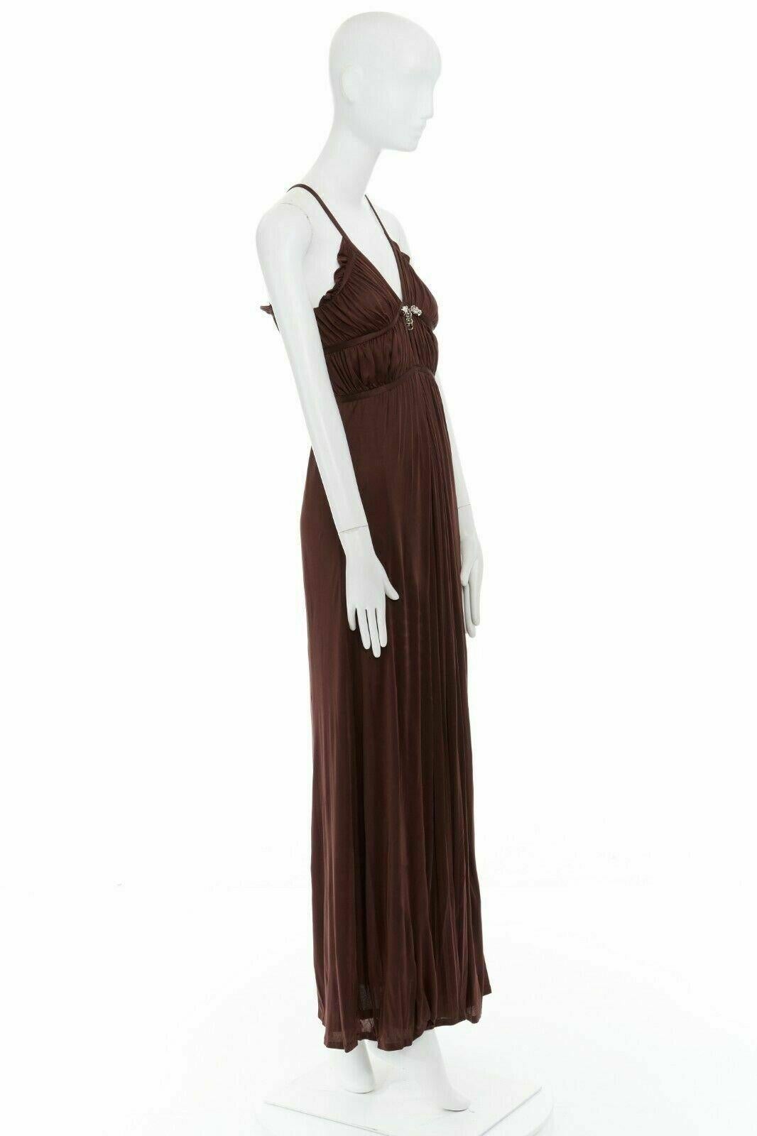 Black GUCCI 2006 crystal embellished bamboo plunge neck shirred pleated gown IT38 XS