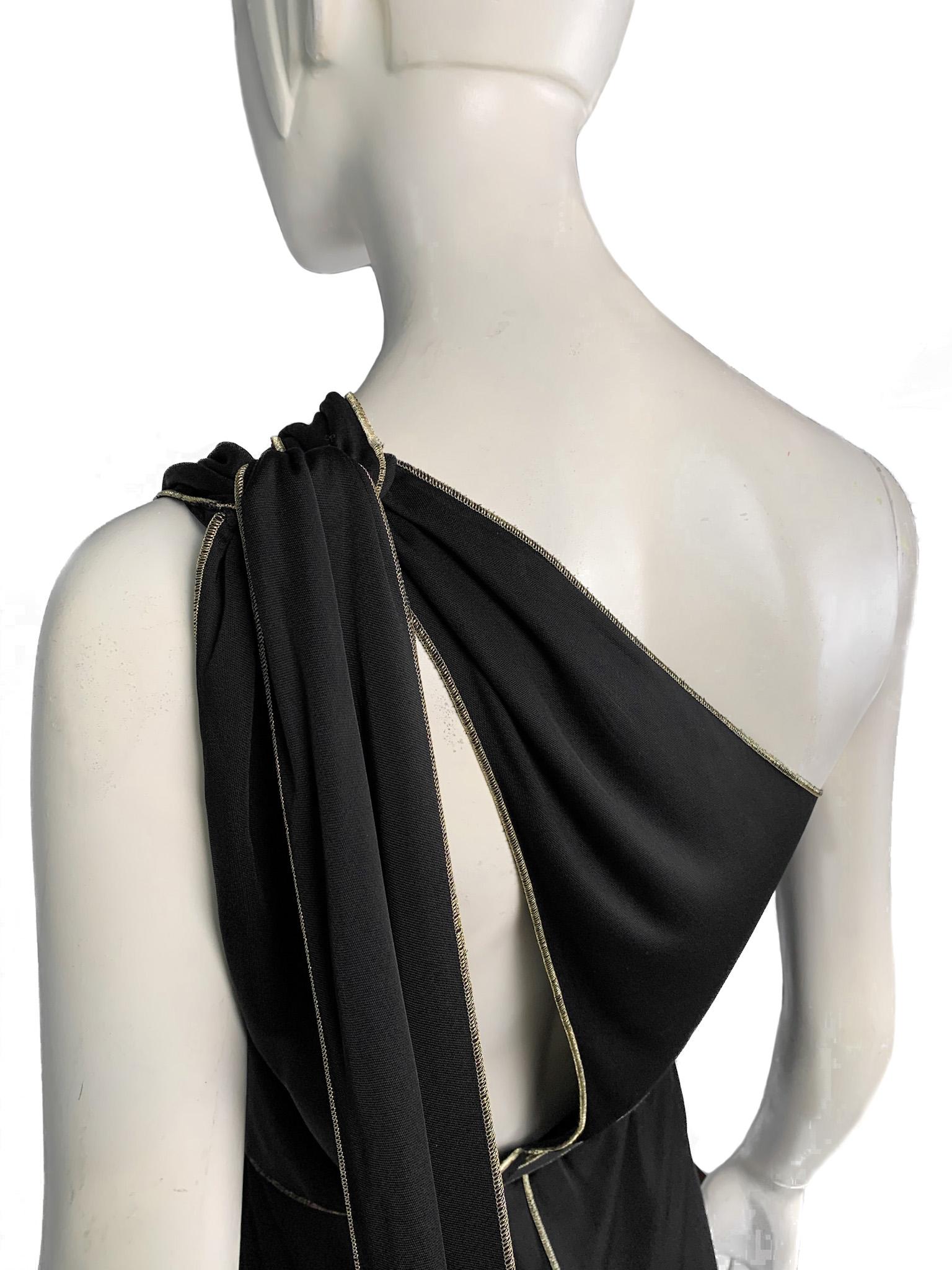 Gucci 2006 One-Shoulder Gown with Fringed Scarves/Train, Cutouts, Gold Topstitch 6