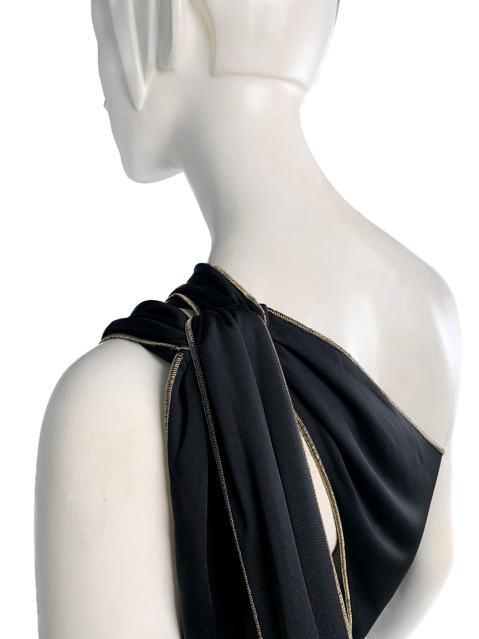 Gucci 2006 One-Shoulder Gown with Fringed Scarves/Train, Cutouts, Gold Topstitch 7