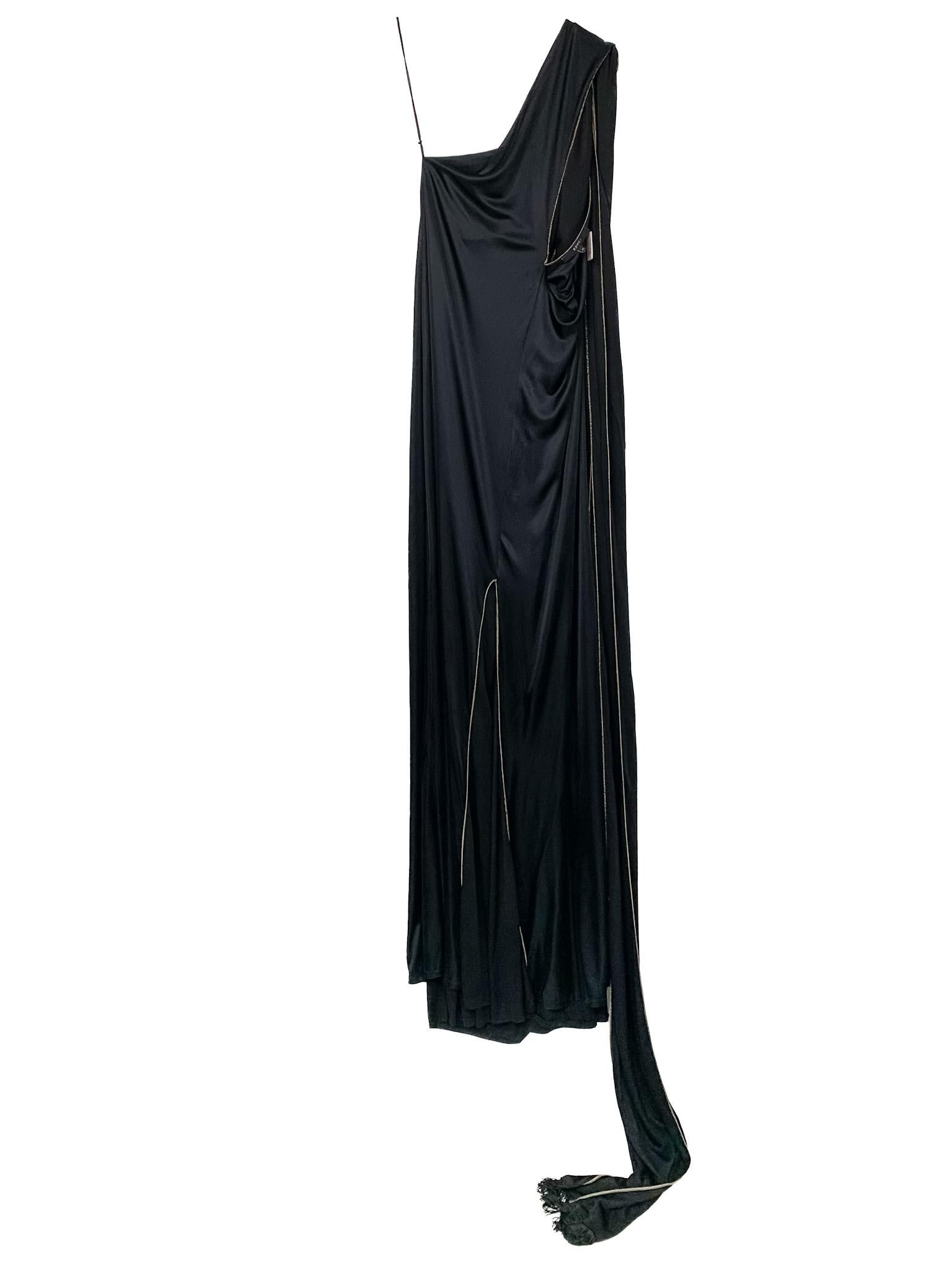 Gucci 2006 One-Shoulder Gown with Fringed Scarves/Train, Cutouts, Gold Topstitch 8