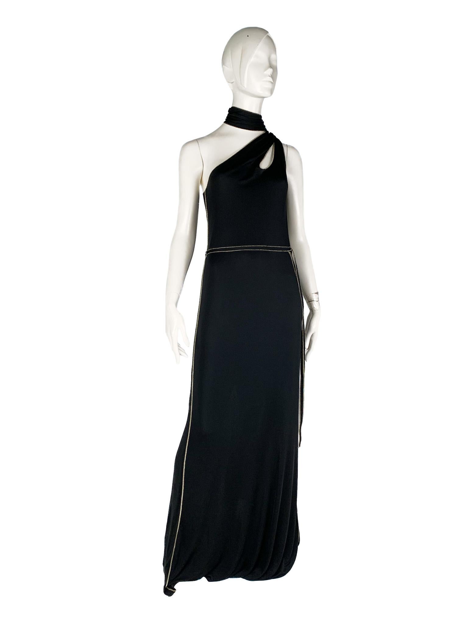 Women's Gucci 2006 One-Shoulder Gown with Fringed Scarves/Train, Cutouts, Gold Topstitch