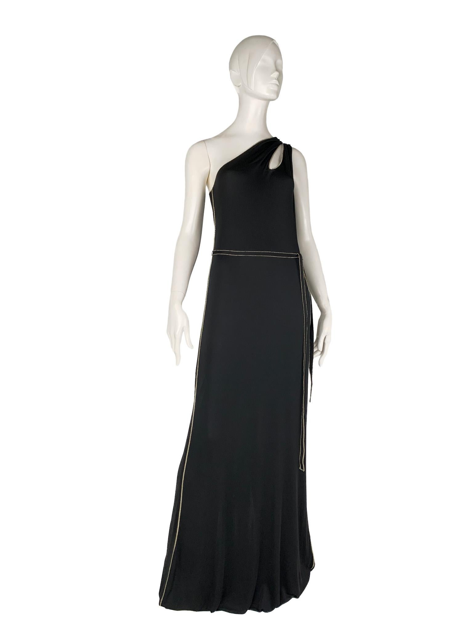 Gucci 2006 One-Shoulder Gown with Fringed Scarves/Train, Cutouts, Gold Topstitch 1