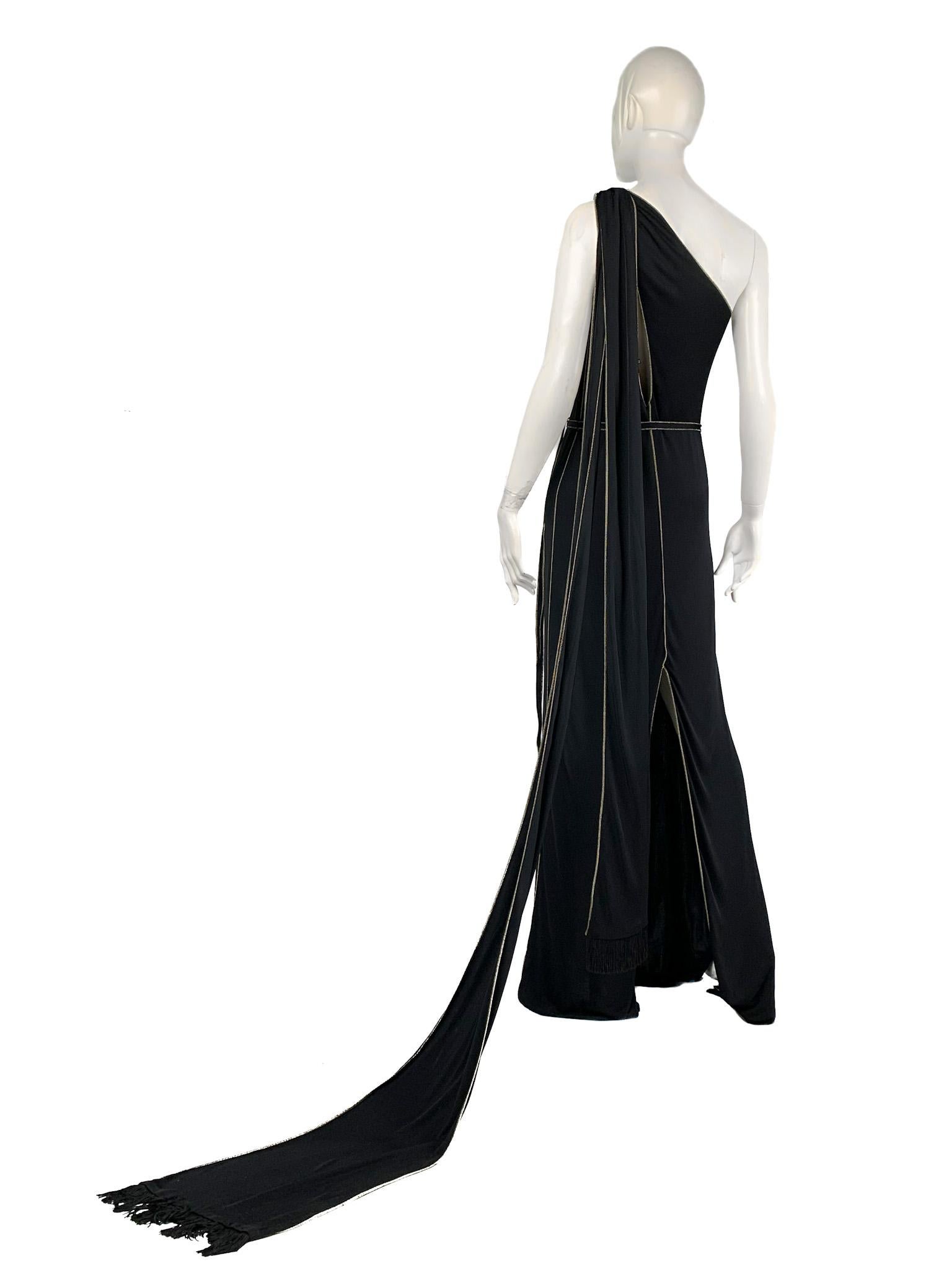 Gucci 2006 One-Shoulder Gown with Fringed Scarves/Train, Cutouts, Gold Topstitch 2