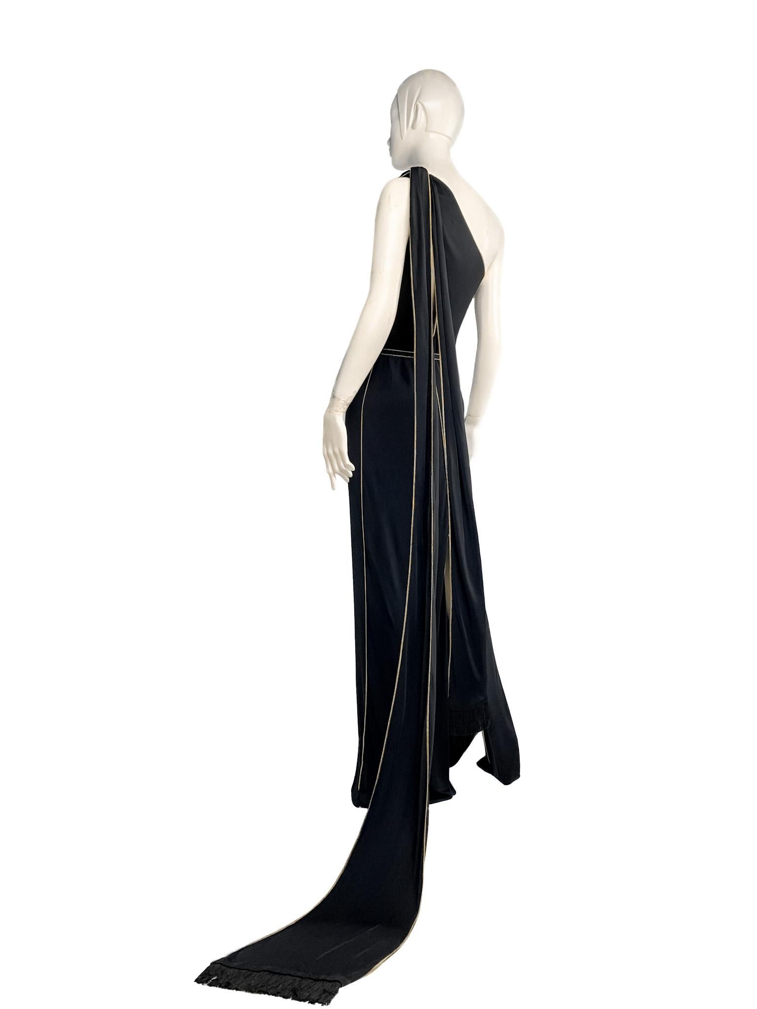 Gucci 2006 One-Shoulder Gown with Fringed Scarves/Train, Cutouts, Gold Topstitch 3