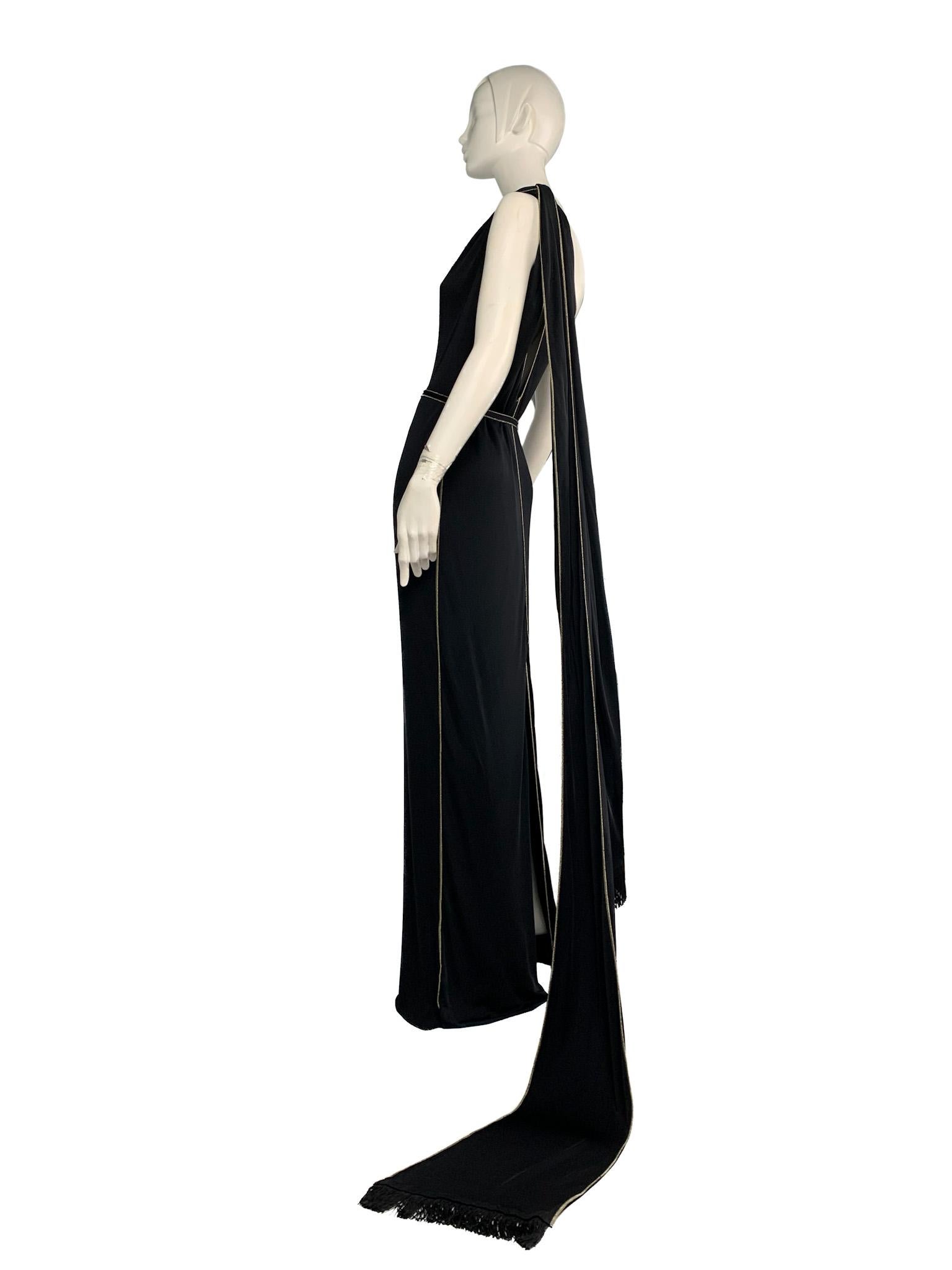 Gucci 2006 One-Shoulder Gown with Fringed Scarves/Train, Cutouts, Gold Topstitch 4