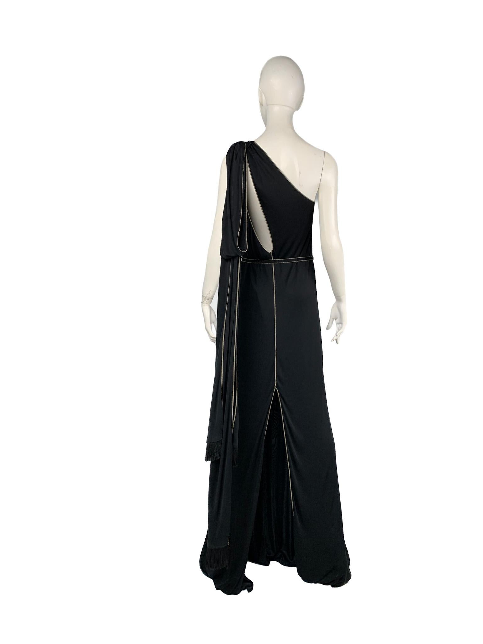 Gucci 2006 One-Shoulder Gown with Fringed Scarves/Train, Cutouts, Gold Topstitch 5