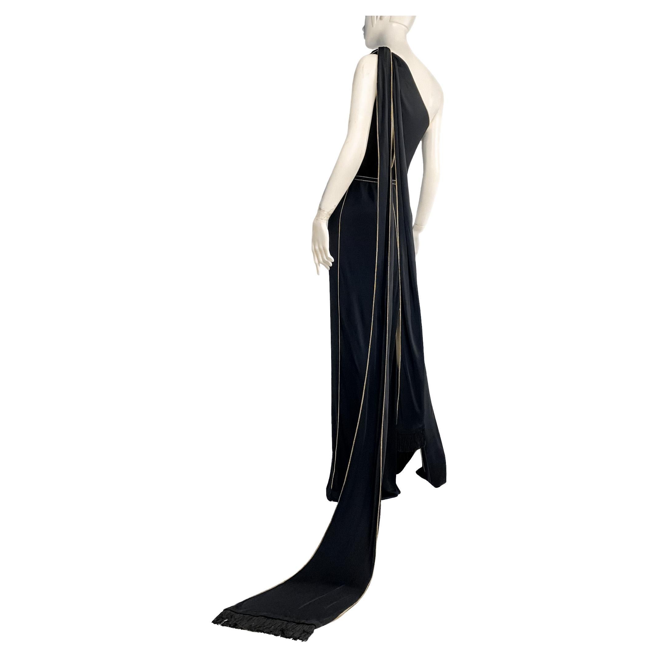 Gucci 2006 One-Shoulder Gown with Fringed Scarves/Train, Cutouts, Gold Topstitch