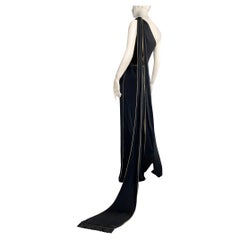 Gucci 2006 One-Shoulder Gown with Fringed Scarves/Train, Cutouts, Gold Topstitch