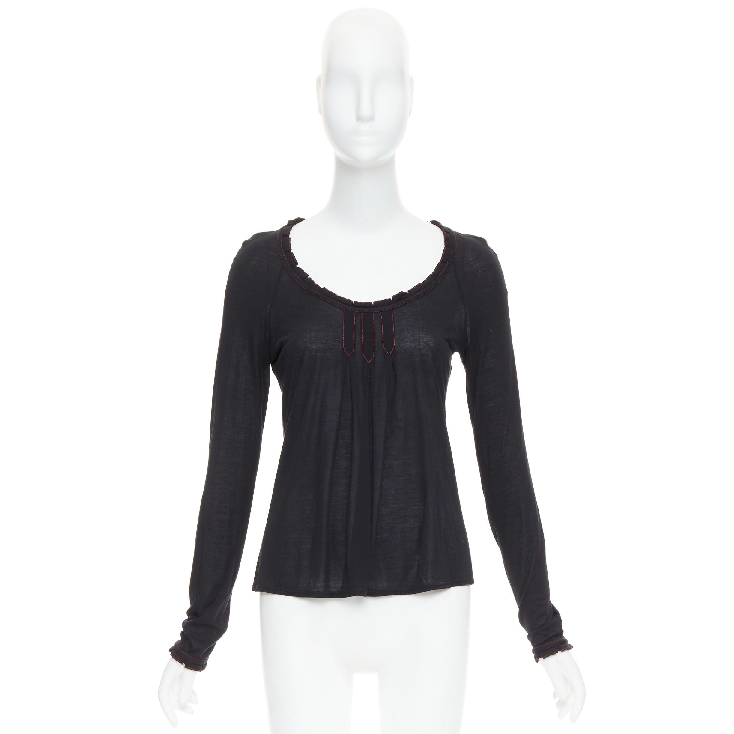 GUCCI 2006 Vintage black red overstitch nylon modal scoop neck plisse top M For Sale 4
