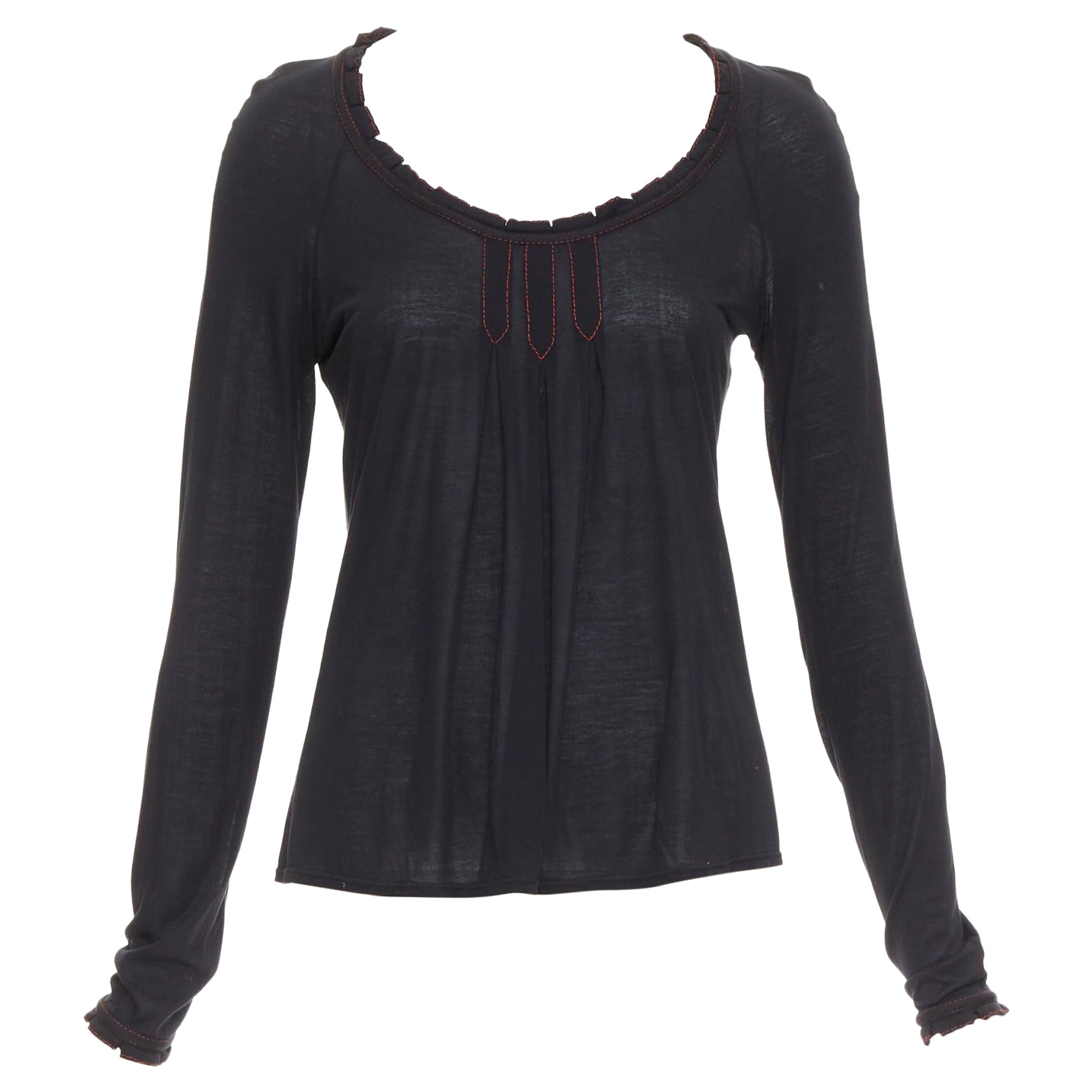 GUCCI 2006 Vintage negro rojo sobrecosido nylon modal cuello redondo plisse top M
