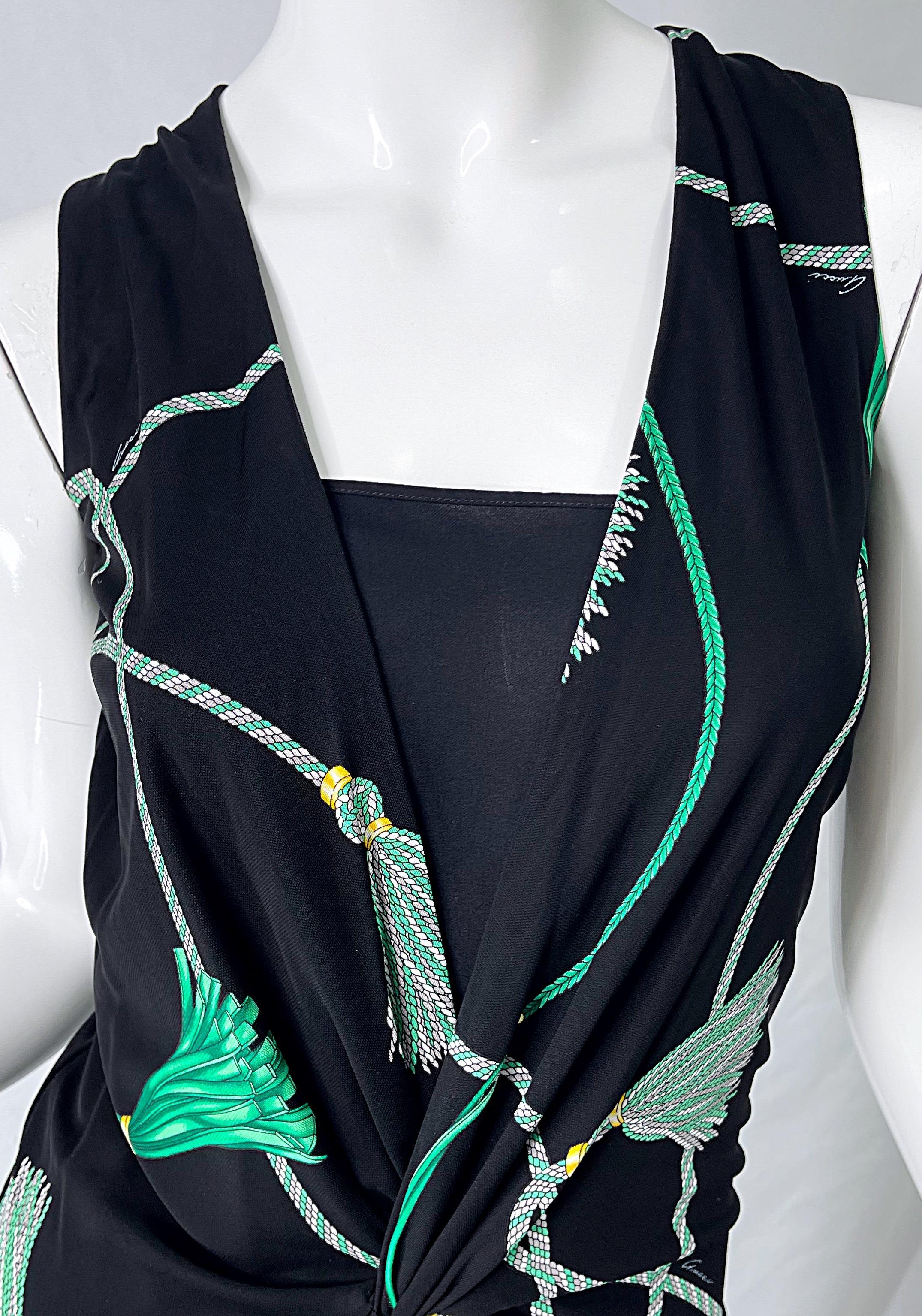 Gucci 2007 Black and Green Logo Tassel Print Rayon Jersey Faux Wrap Dress For Sale 5