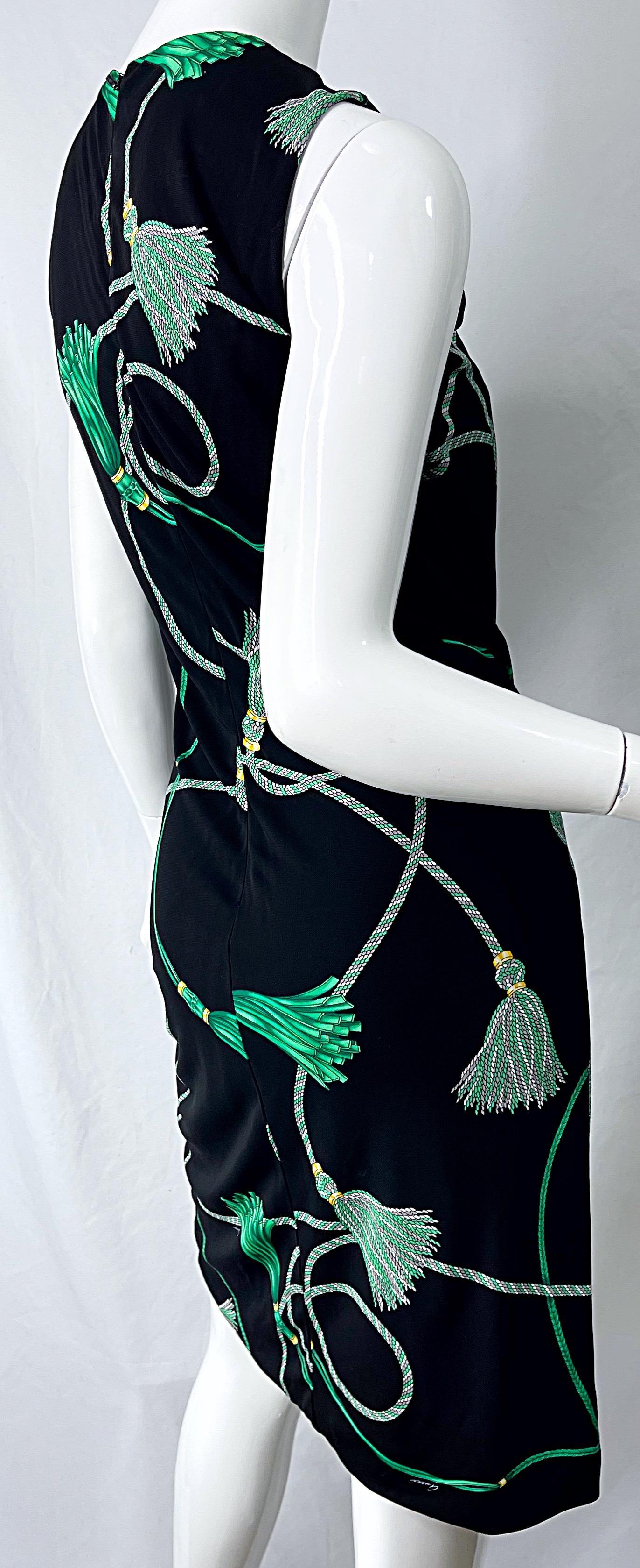 Gucci 2007 Black and Green Logo Tassel Print Rayon Jersey Faux Wrap Dress For Sale 6