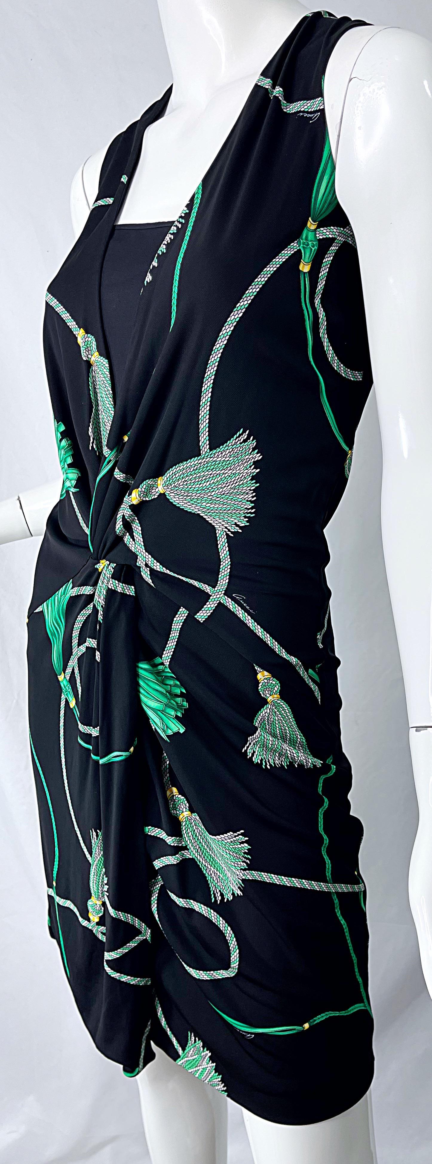 Gucci 2007 Black and Green Logo Tassel Print Rayon Jersey Faux Wrap Dress For Sale 7