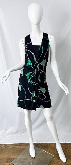 Gucci 2007 Black and Green Logo Tassel Print Rayon Jersey Faux Wrap Dress