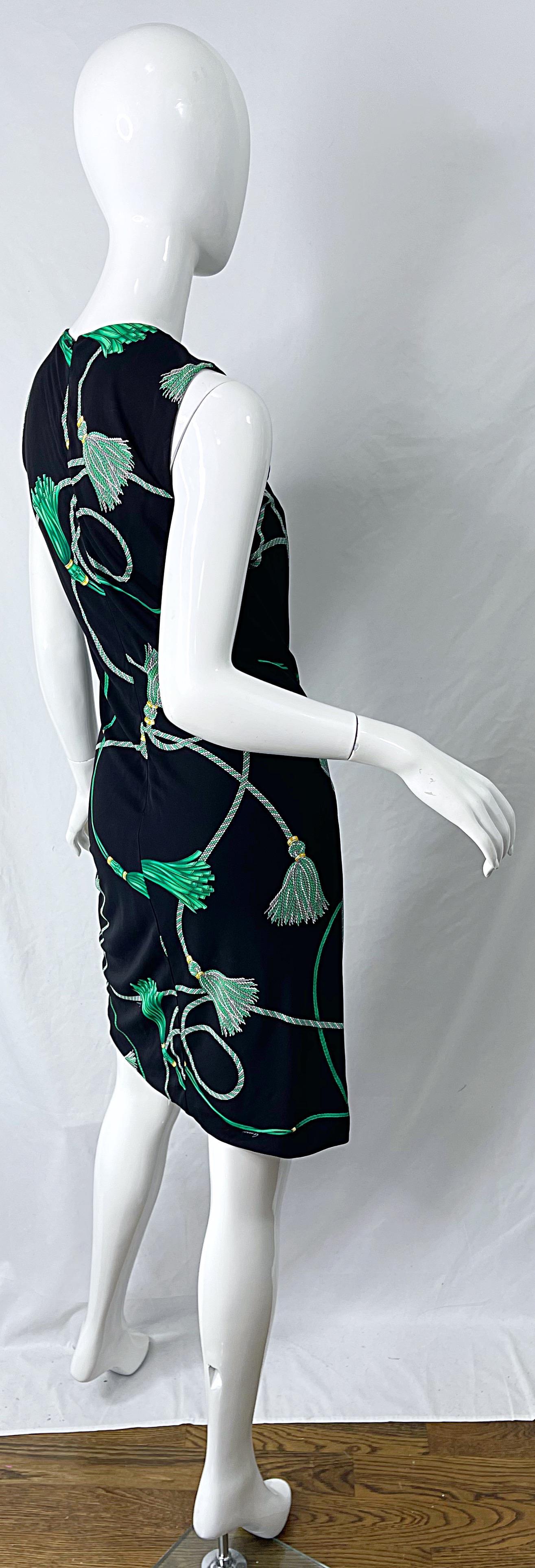 Gucci 2007 Black and Green Logo Tassel Print Rayon Jersey Faux Wrap Dress In Excellent Condition For Sale In San Diego, CA