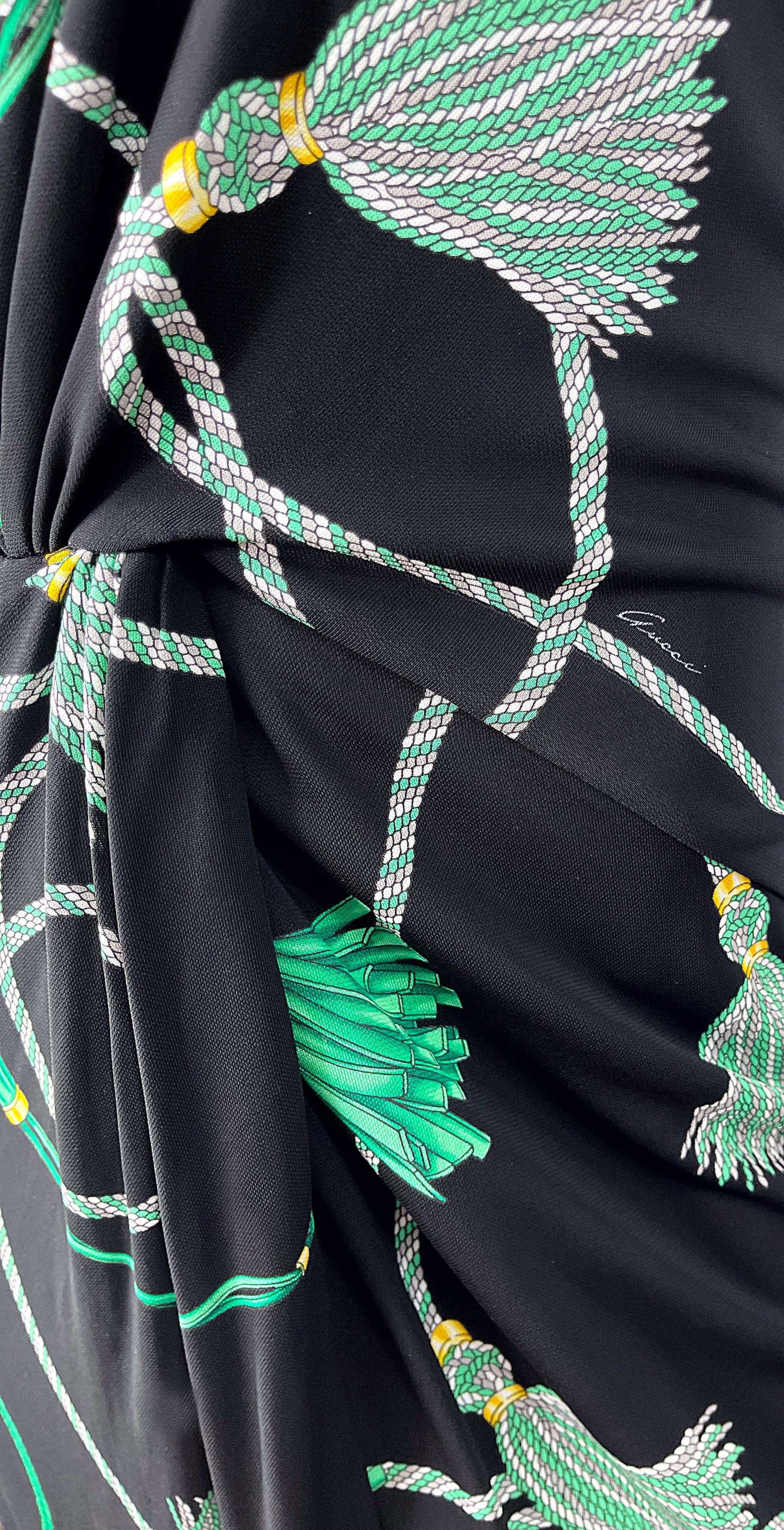Women's Gucci 2007 Black and Green Logo Tassel Print Rayon Jersey Faux Wrap Dress For Sale