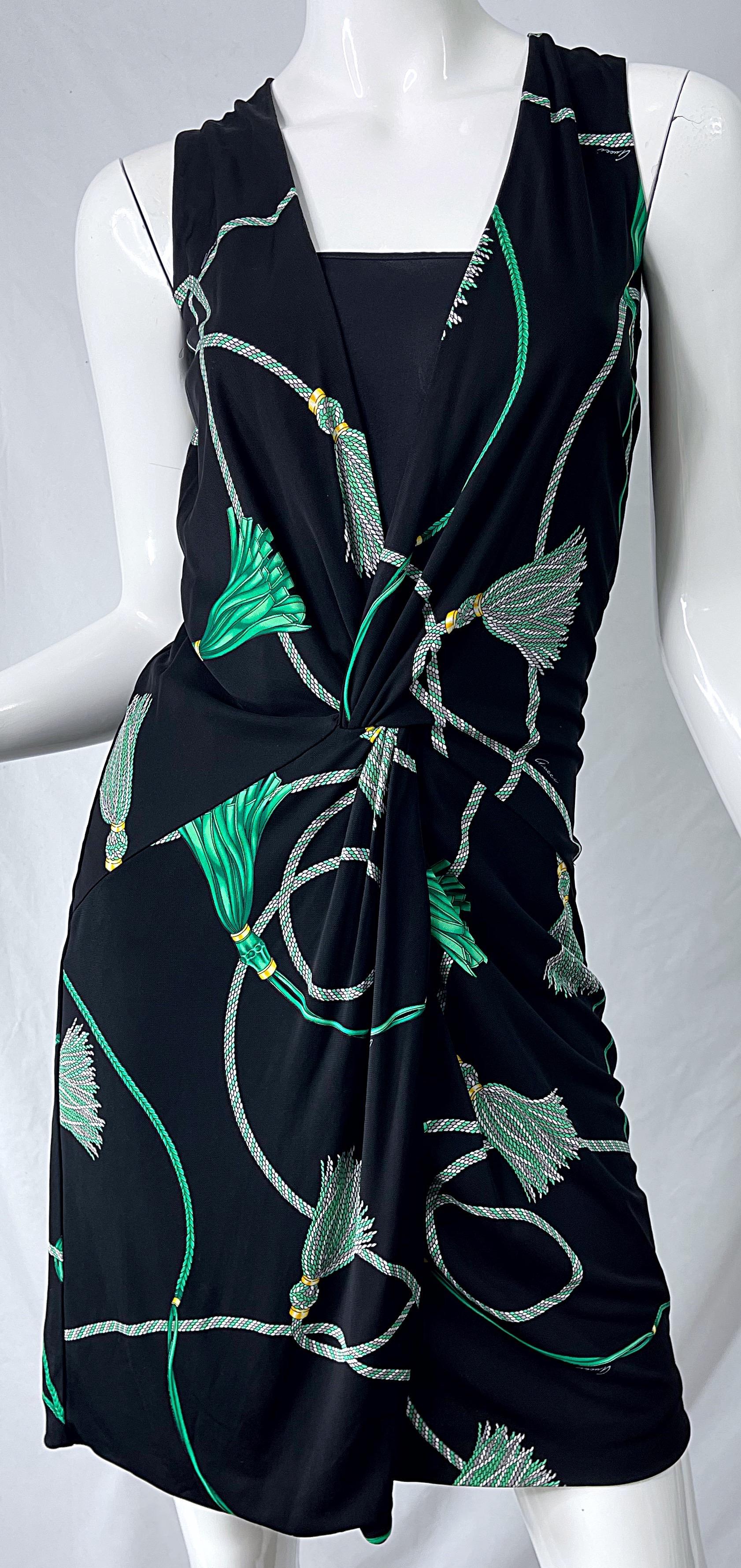 Gucci 2007 Black and Green Logo Tassel Print Rayon Jersey Faux Wrap Dress For Sale 1