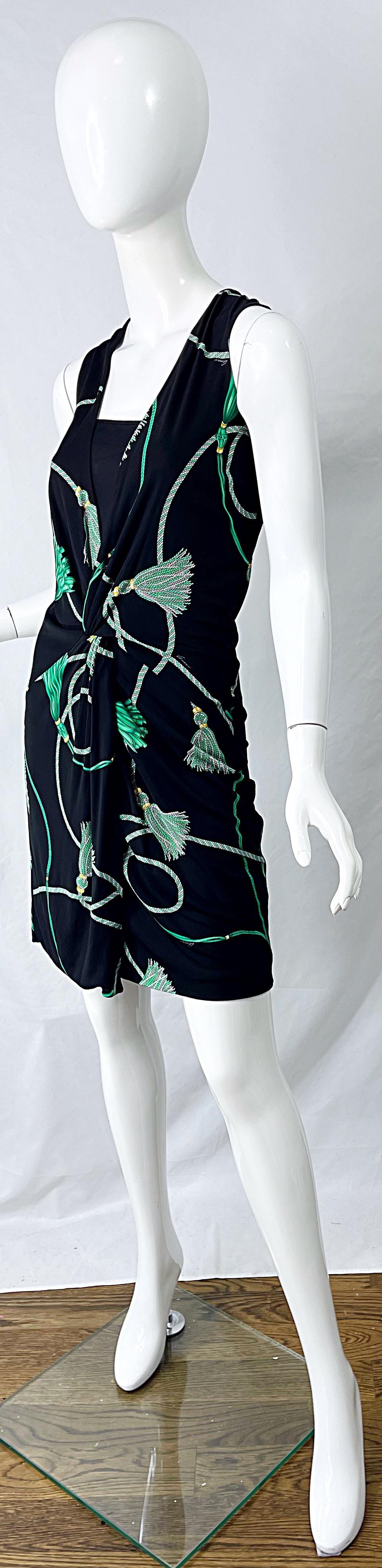 Gucci 2007 Black and Green Logo Tassel Print Rayon Jersey Faux Wrap Dress For Sale 3