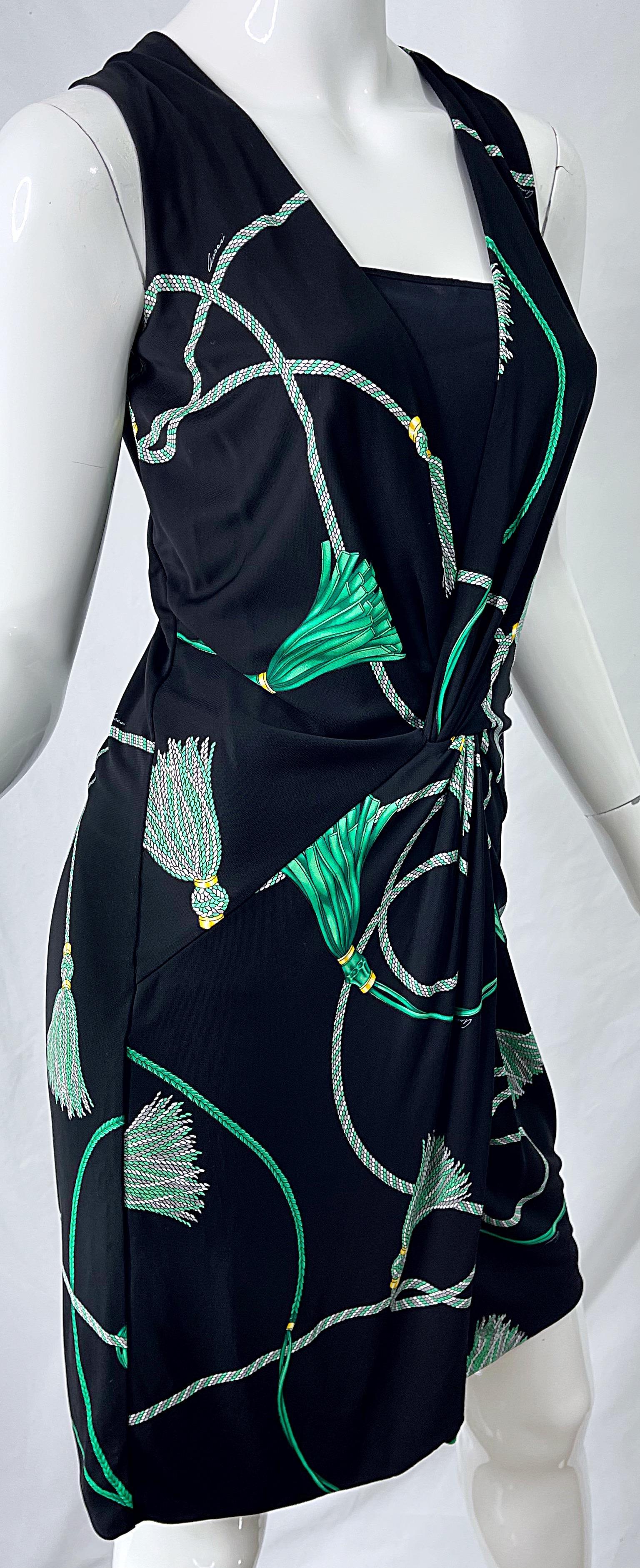Gucci 2007 Black and Green Logo Tassel Print Rayon Jersey Faux Wrap Dress For Sale 4