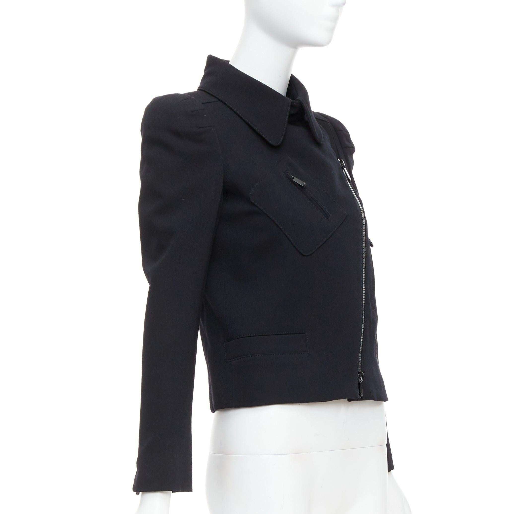 Black GUCCI 2007 black wool blend 3D shoulder biker crop jacket IT38 XS