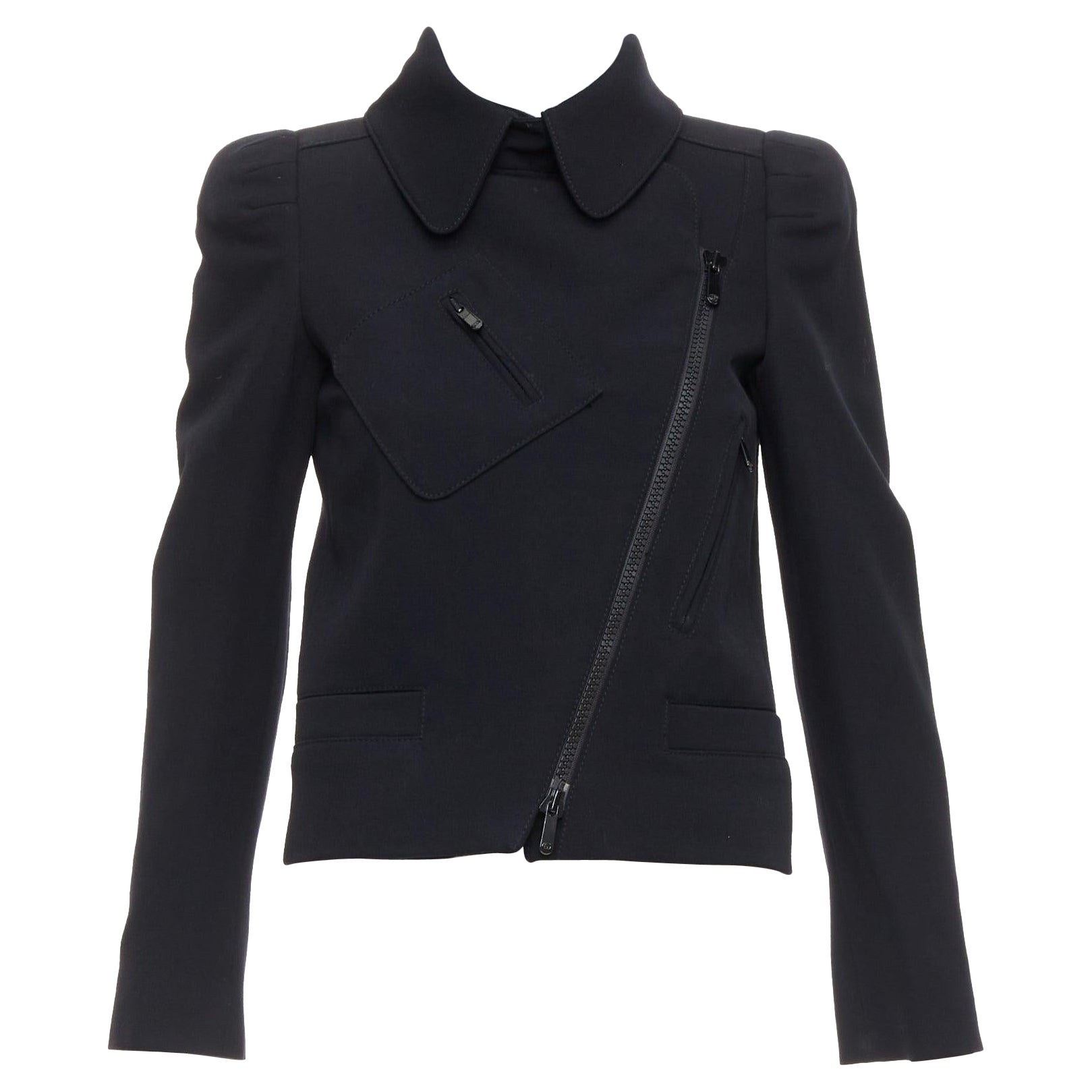 GUCCI 2007 black wool blend 3D shoulder biker crop jacket IT38 XS