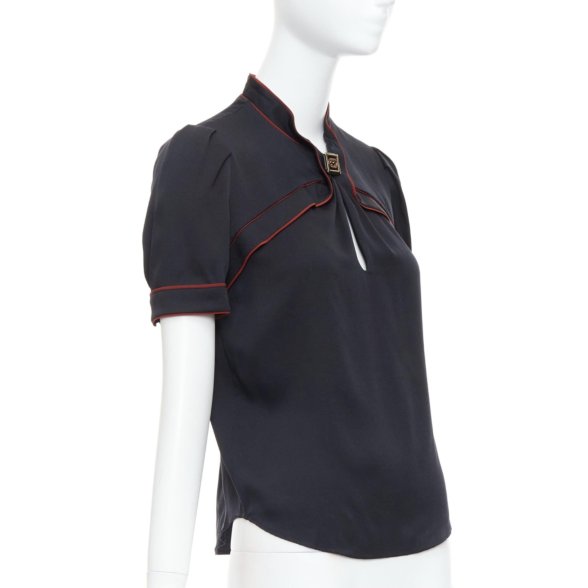 Black GUCCI 2007 Vintage black silk gold GG logo charm red piped top IT38 XS For Sale