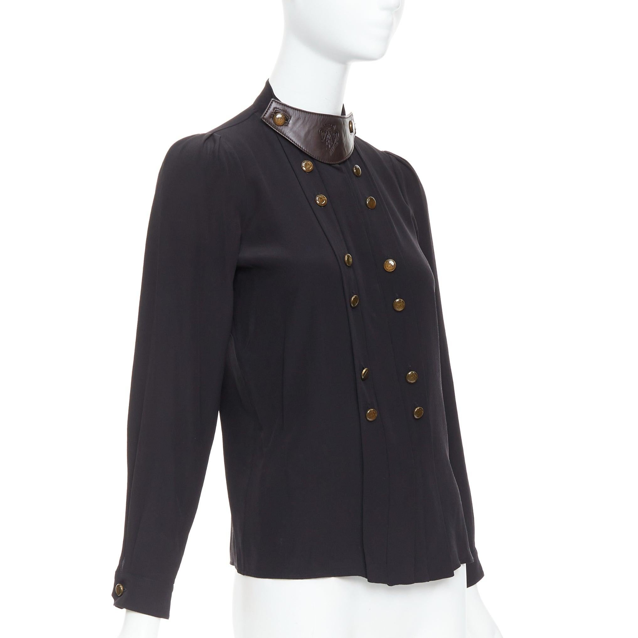 Black GUCCI 2008 100% silk black leather crest collar double breasted blouse IT38 XS