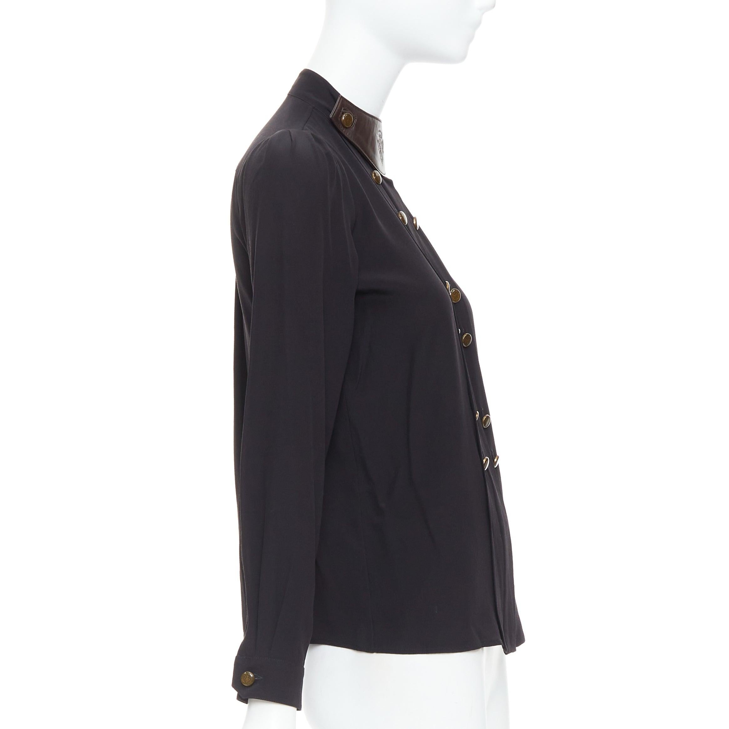 GUCCI 2008 100% silk black leather crest collar double breasted blouse IT38 XS In Excellent Condition In Hong Kong, NT