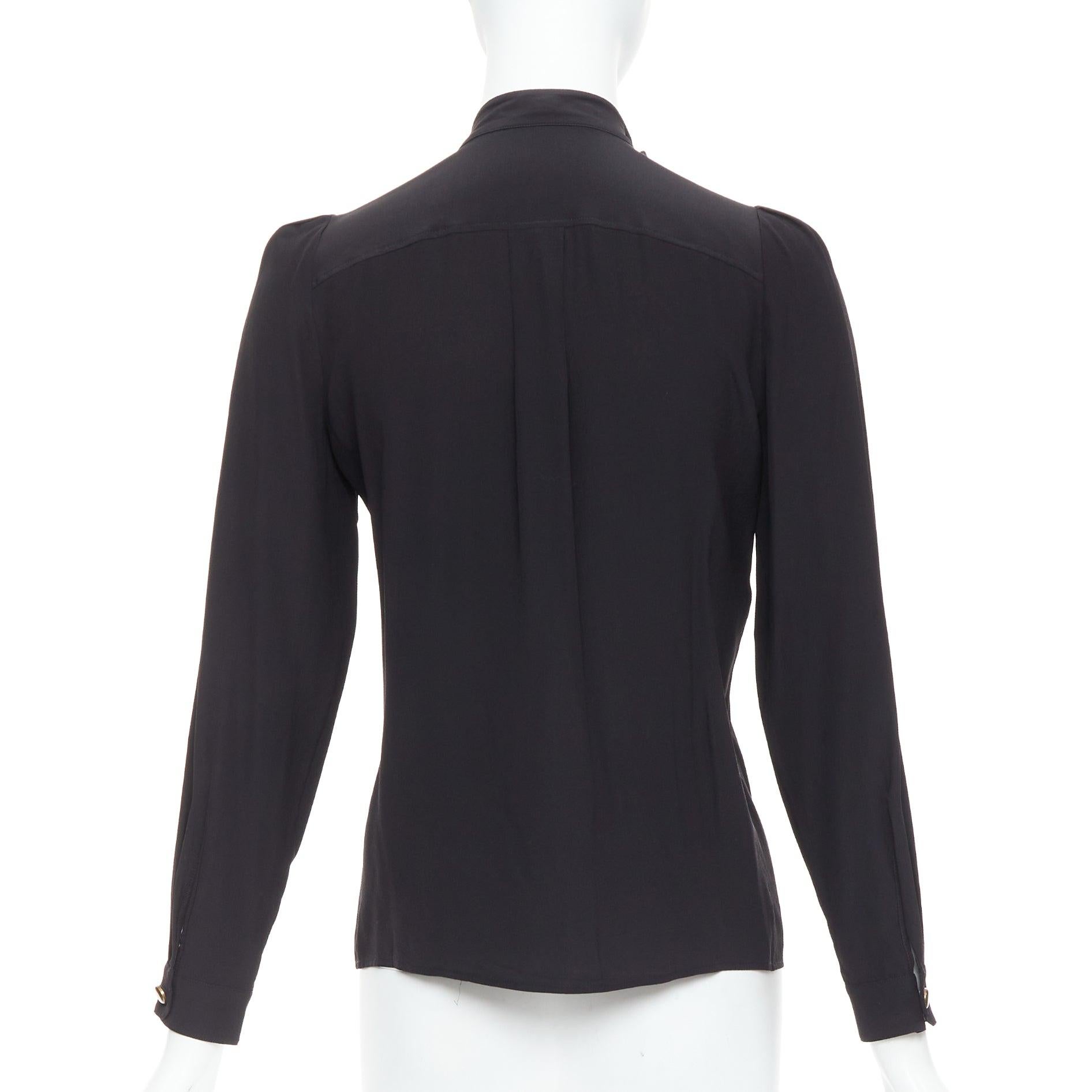 Women's GUCCI 2008 100% silk black leather crest collar double breasted blouse IT38 XS