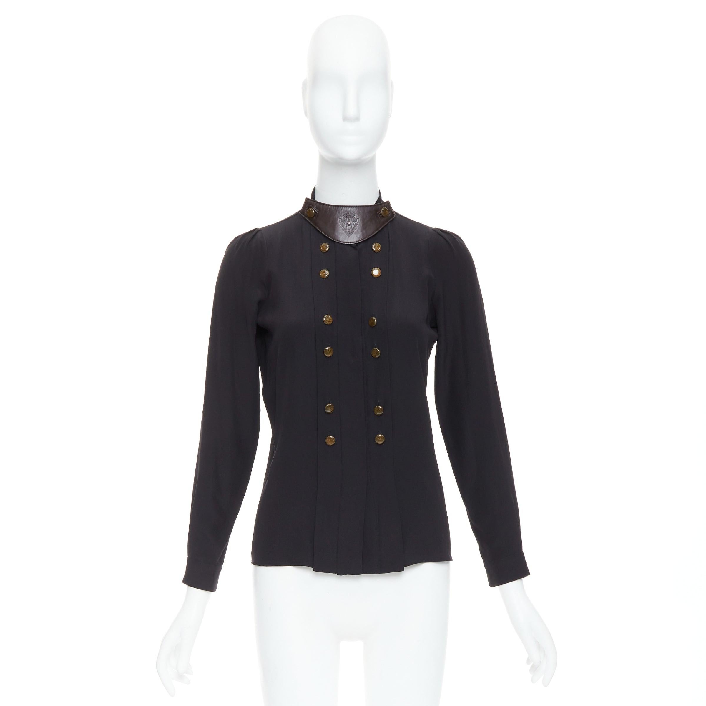 GUCCI 2008 100% silk black leather crest collar double breasted blouse IT38 XS 4