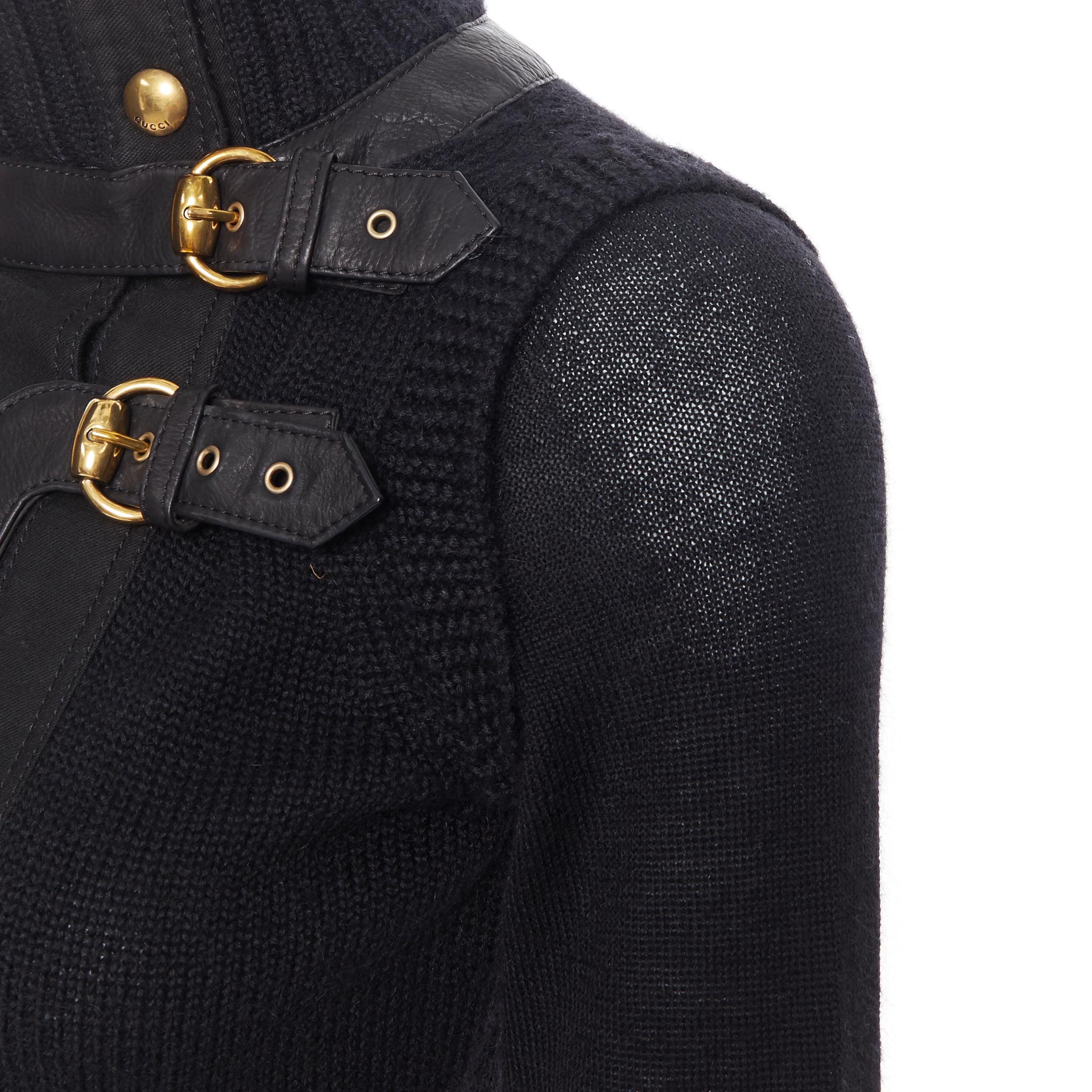 GUCCI 2008 black alpaca wool leather trimmed gold buckle turtleneck sweater XS 1