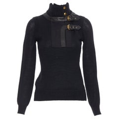 GUCCI 2008 black alpaca wool leather trimmed gold buckle turtleneck sweater XS