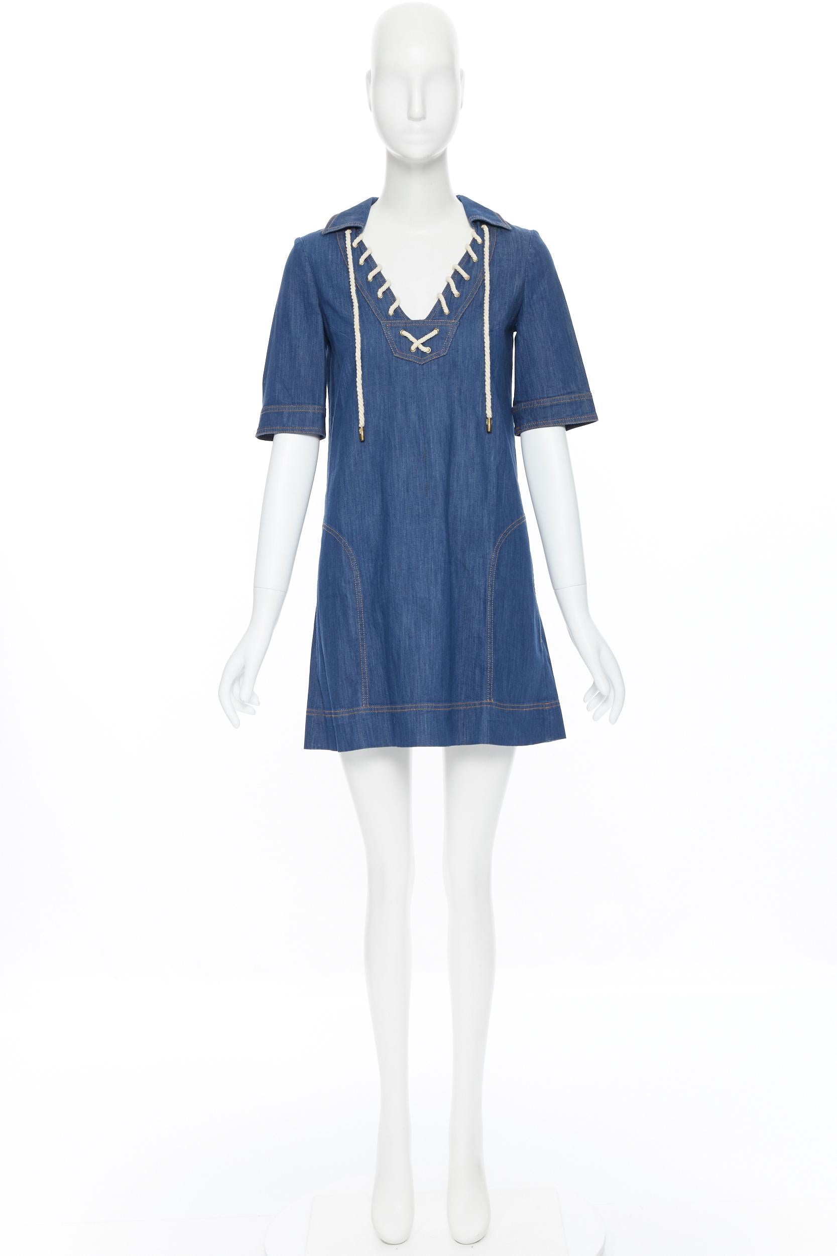 Blue GUCCI 2008 blue denim cotton overstitched nautical rope spread collar dress IT38