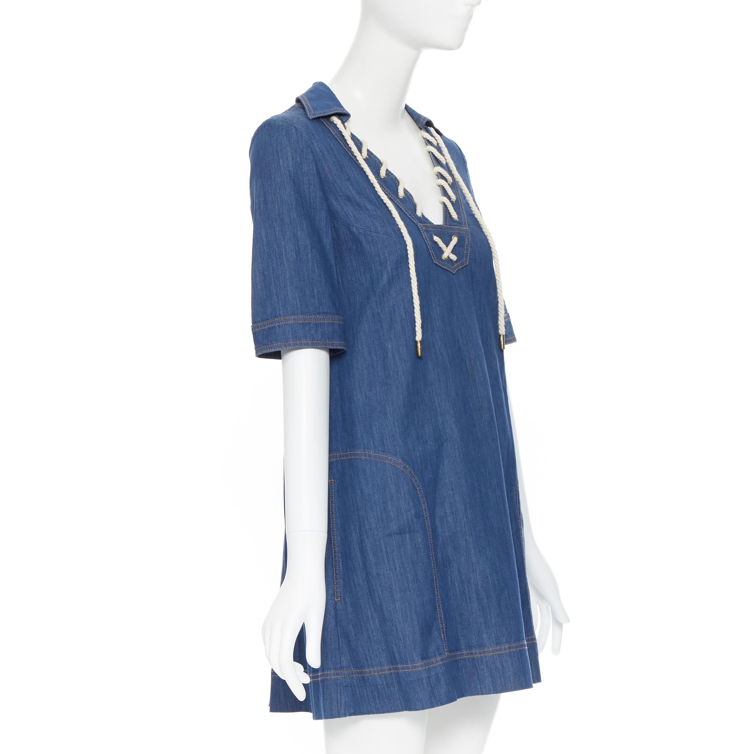 GUCCI 2008 blue denim cotton overstitched nautical rope spread collar dress IT38 In Good Condition In Hong Kong, NT