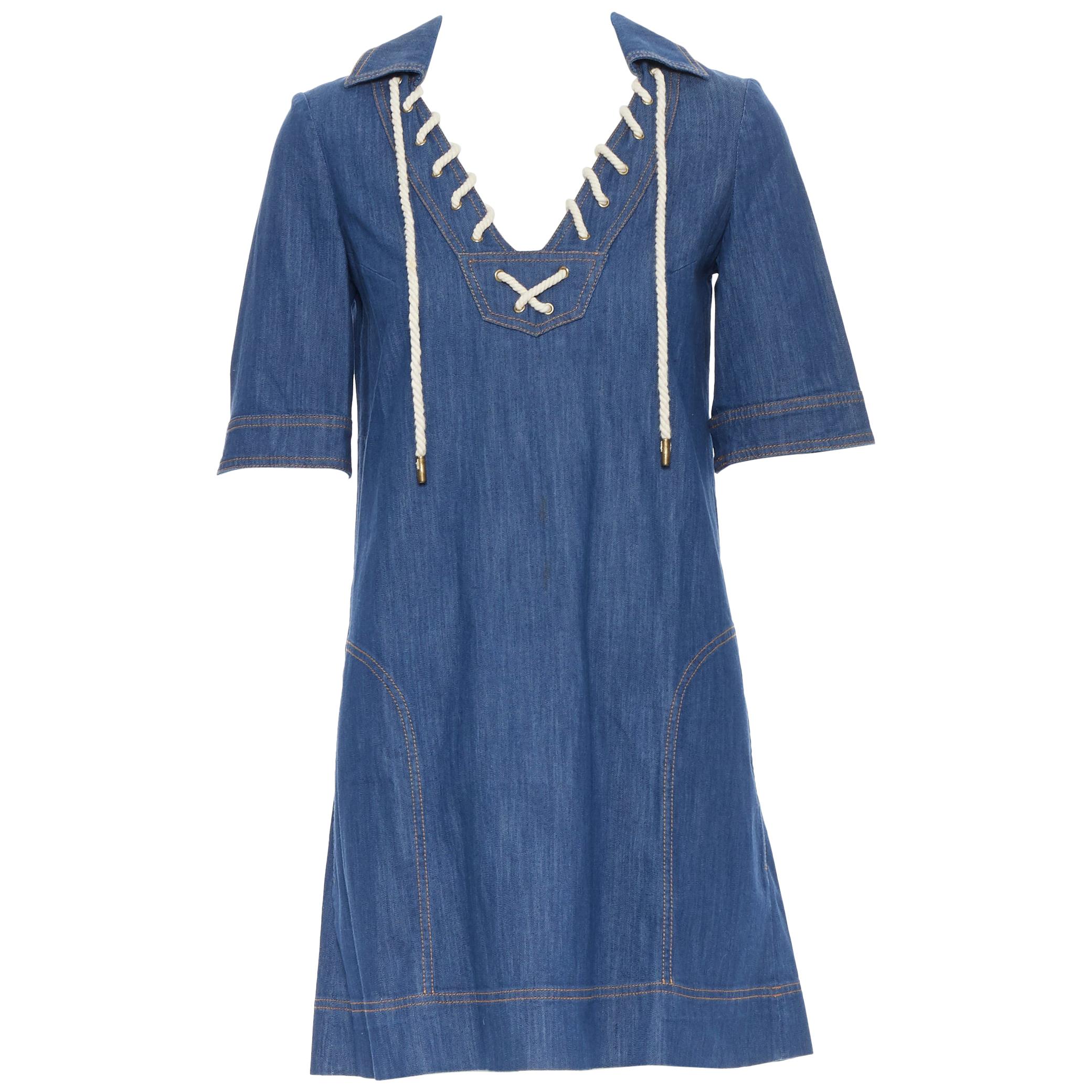 GUCCI 2008 blue denim cotton overstitched nautical rope spread collar dress IT38