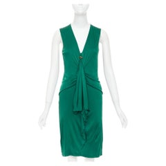 GUCCI 2008 emerald green viscose gold hardware draped V neck midi dress L