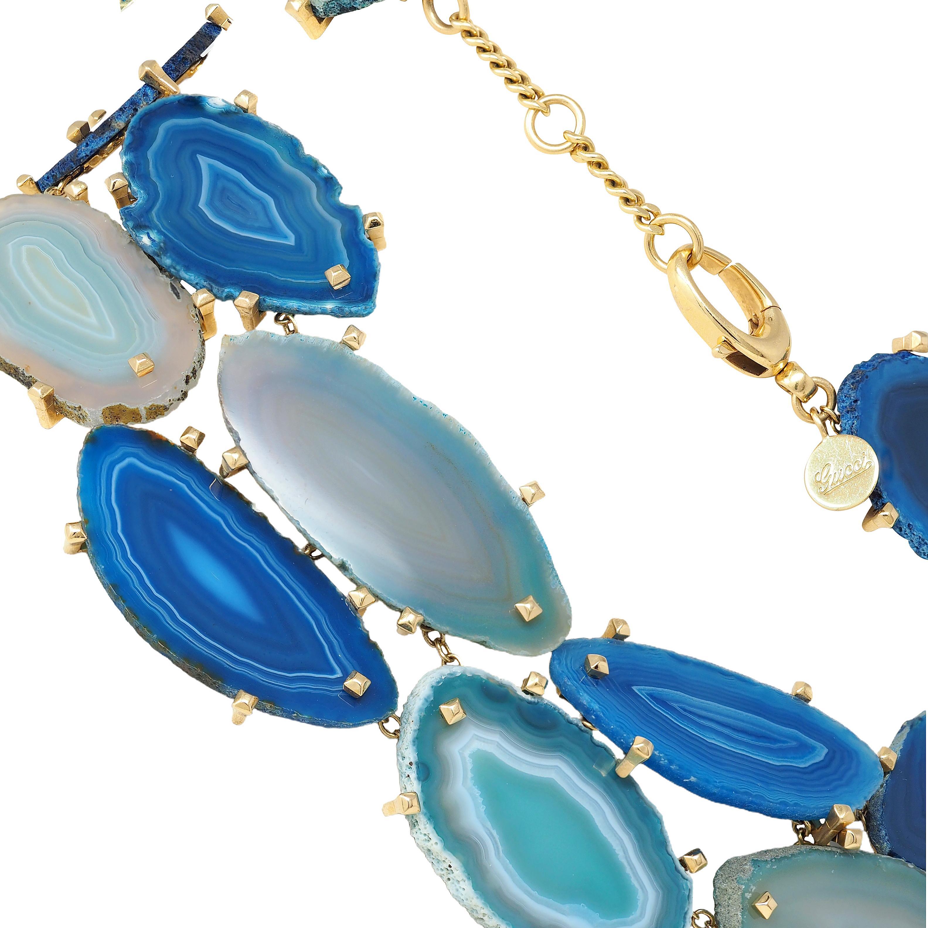 Gucci 2009 Spring Blue Agate 18 Karat Yellow Gold Collar Statement Necklace en venta 4