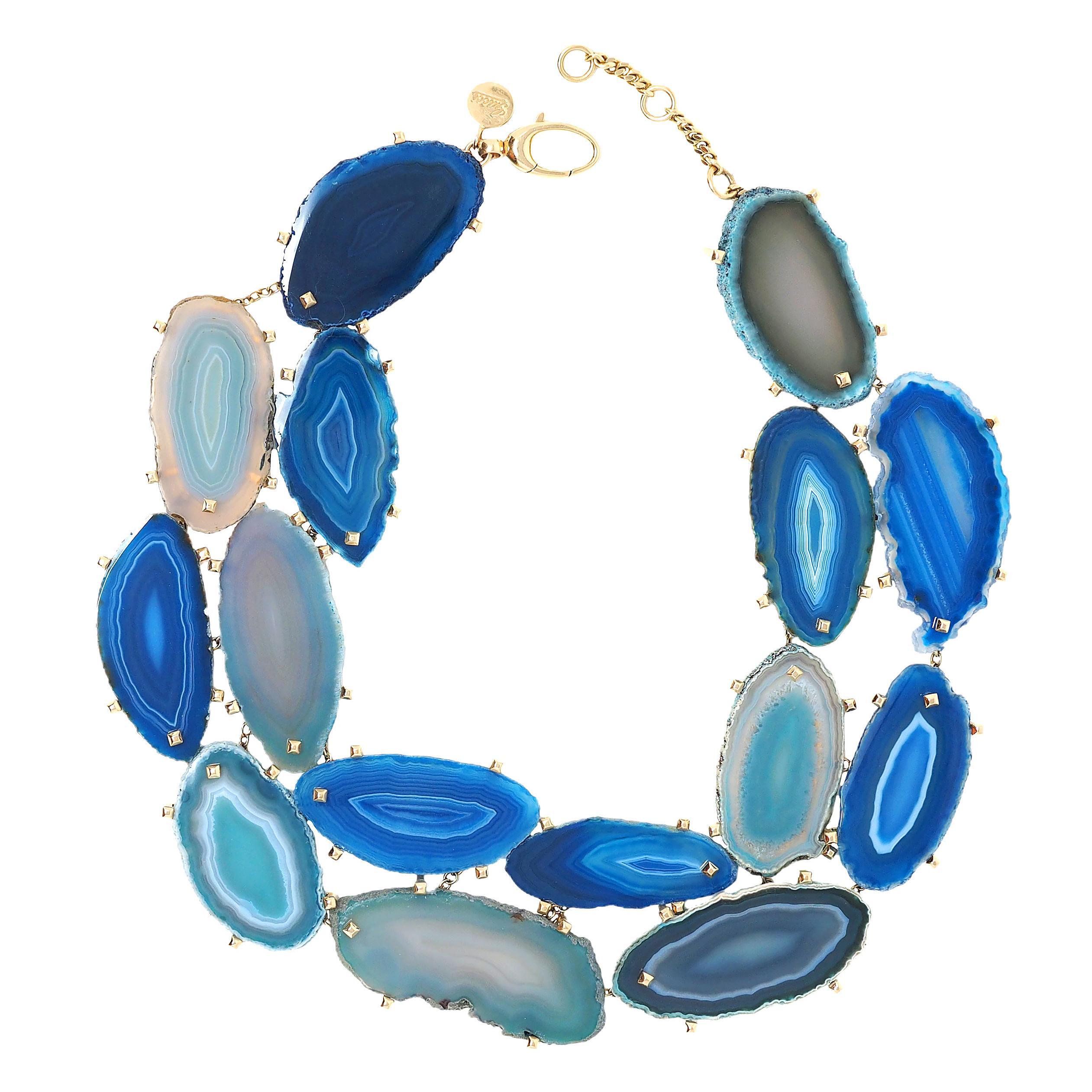 Gucci 2009 Spring Blue Agate 18 Karat Yellow Gold Collar Statement Necklace Contemporáneo en venta