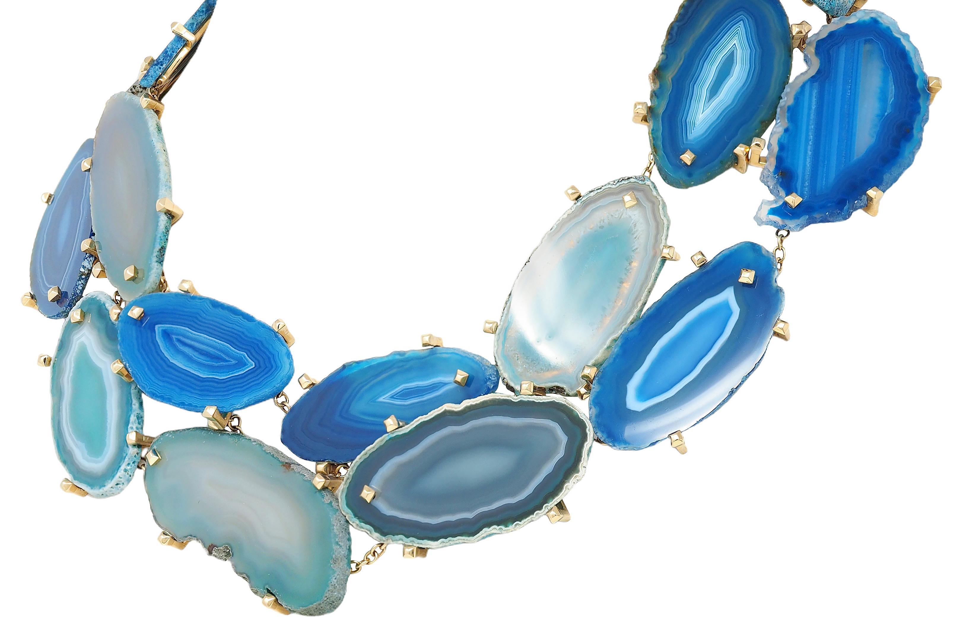 Gucci 2009 Spring Blue Agate 18 Karat Yellow Gold Collar Statement Necklace en venta 2