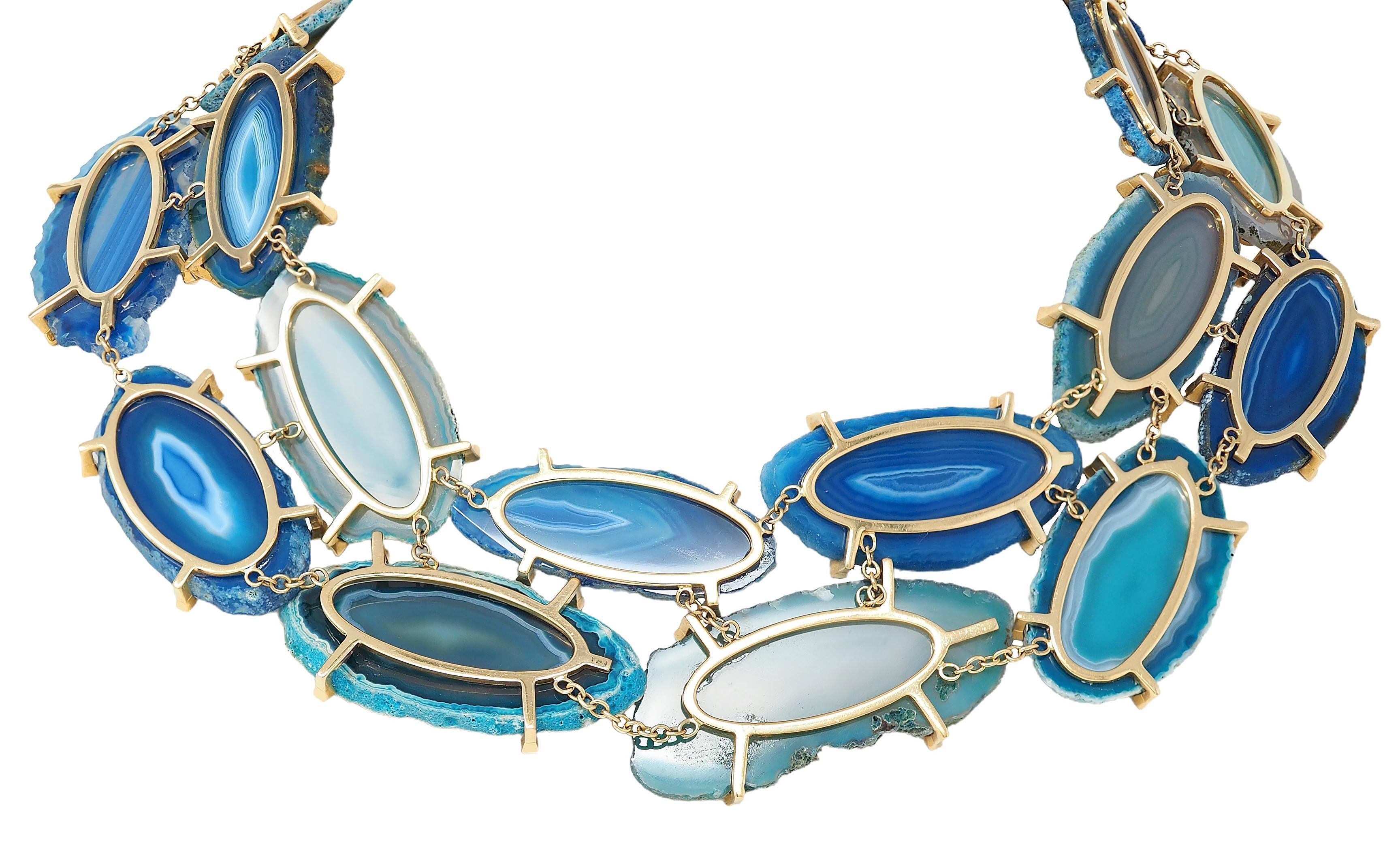 Gucci 2009 Spring Blue Agate 18 Karat Yellow Gold Collar Statement Necklace en venta 3