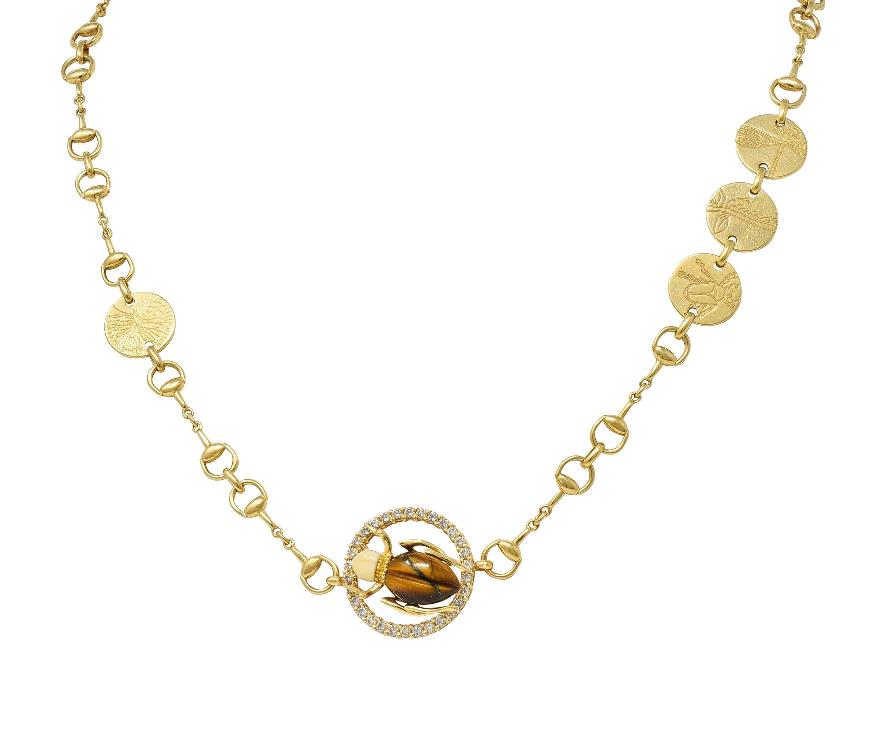 Gucci 2010 Diamond Tiger's Eye 18 Karat Yellow Gold Beetle Horsebit Necklace For Sale 7