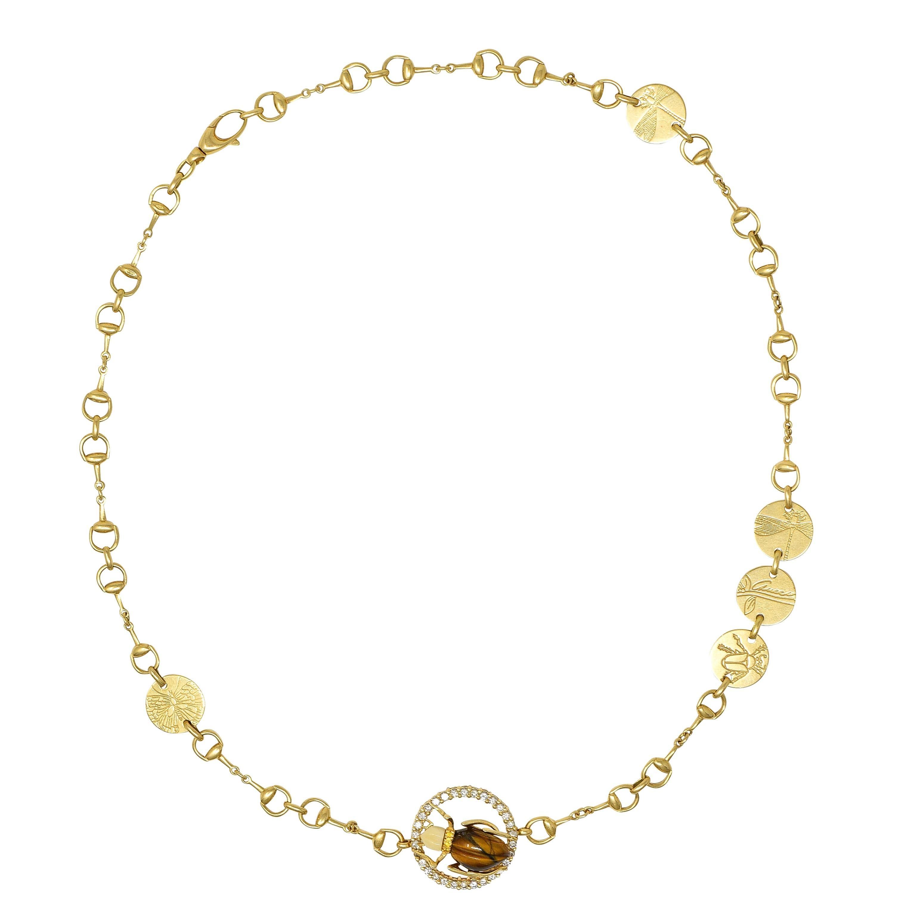 Gucci 2010 Diamond Tiger's Eye 18 Karat Yellow Gold Beetle Horsebit Necklace For Sale 8
