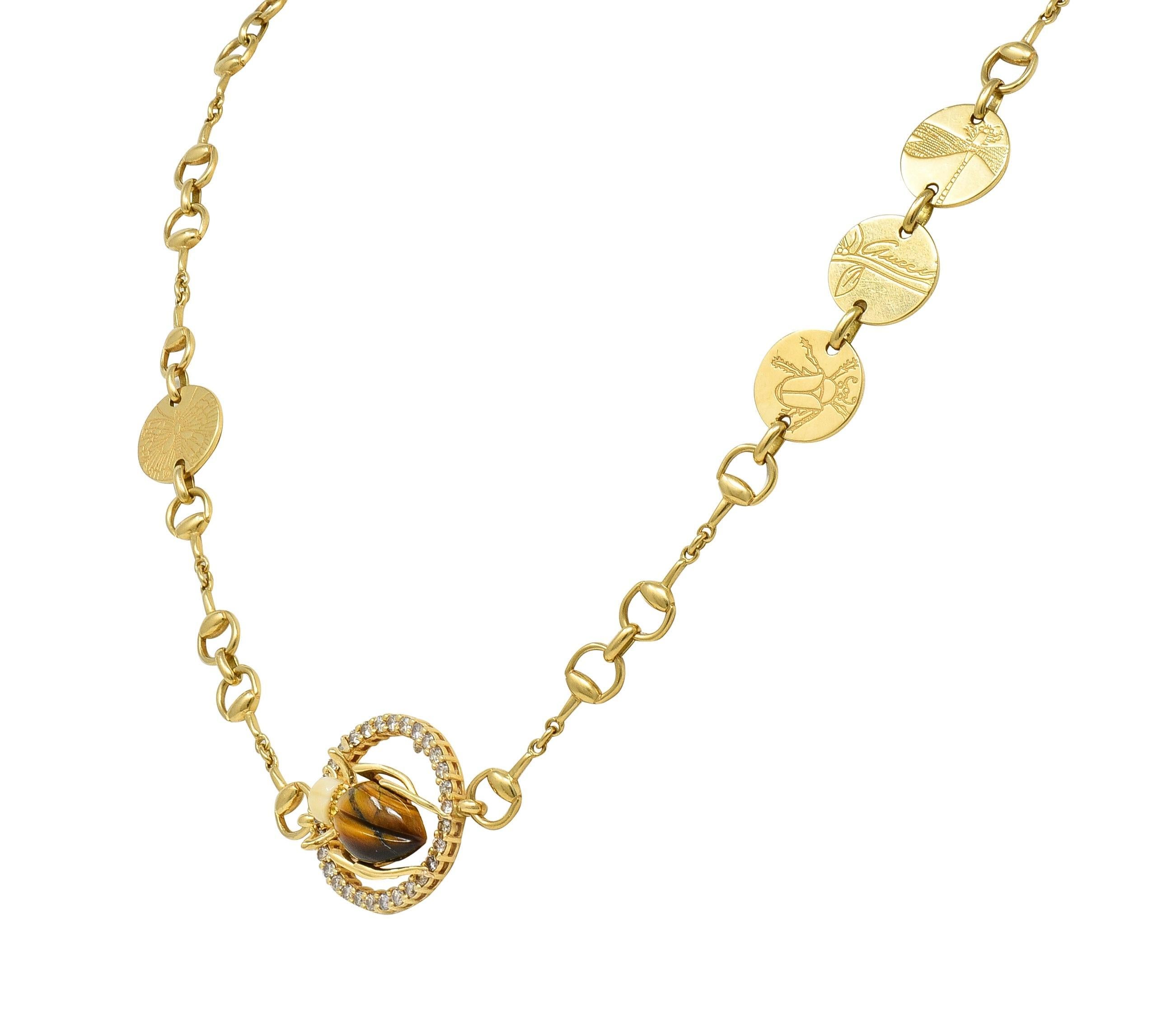 Contemporary Gucci 2010 Diamond Tiger's Eye 18 Karat Yellow Gold Beetle Horsebit Necklace For Sale