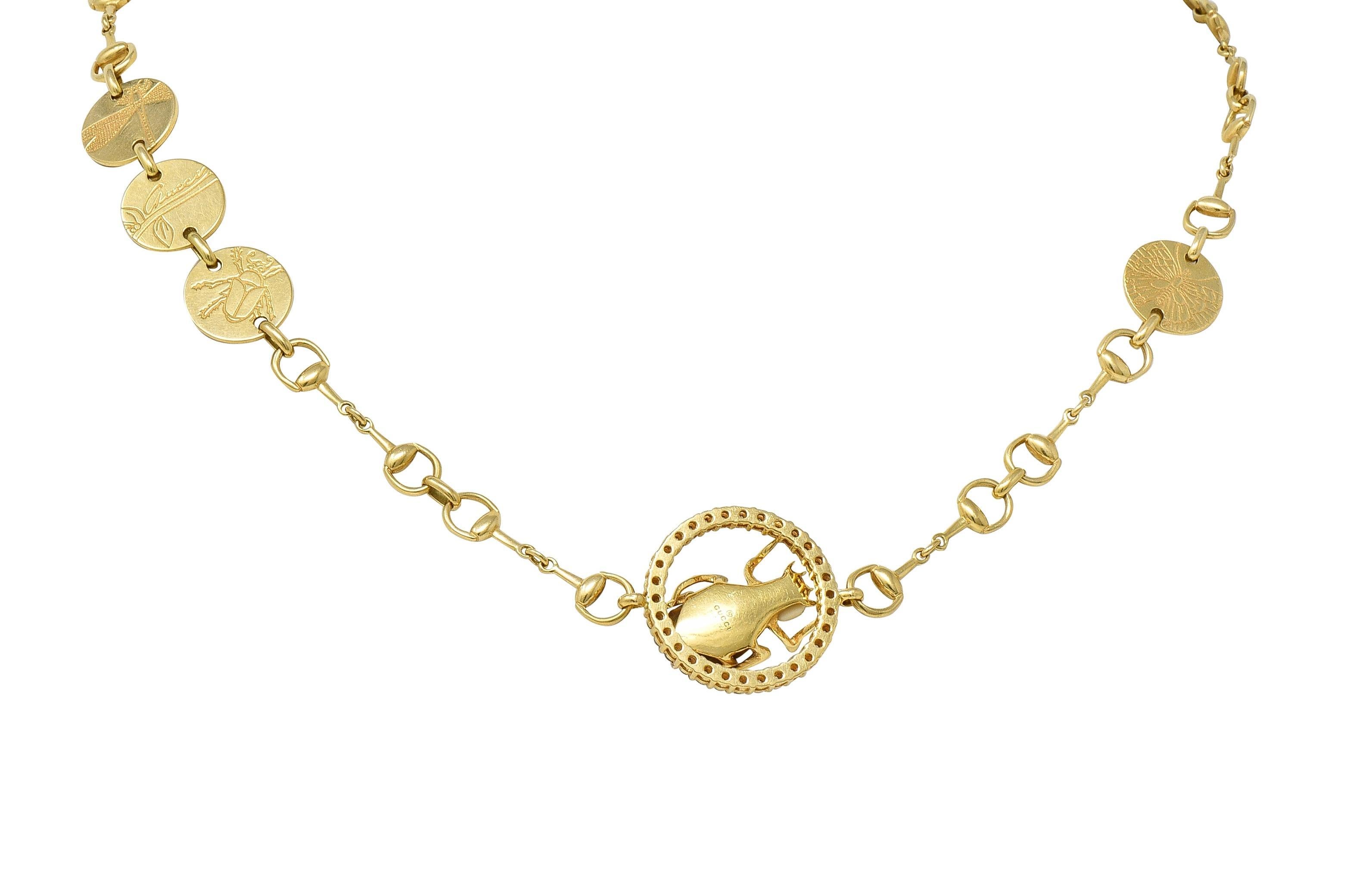 Uncut Gucci 2010 Diamond Tiger's Eye 18 Karat Yellow Gold Beetle Horsebit Necklace For Sale