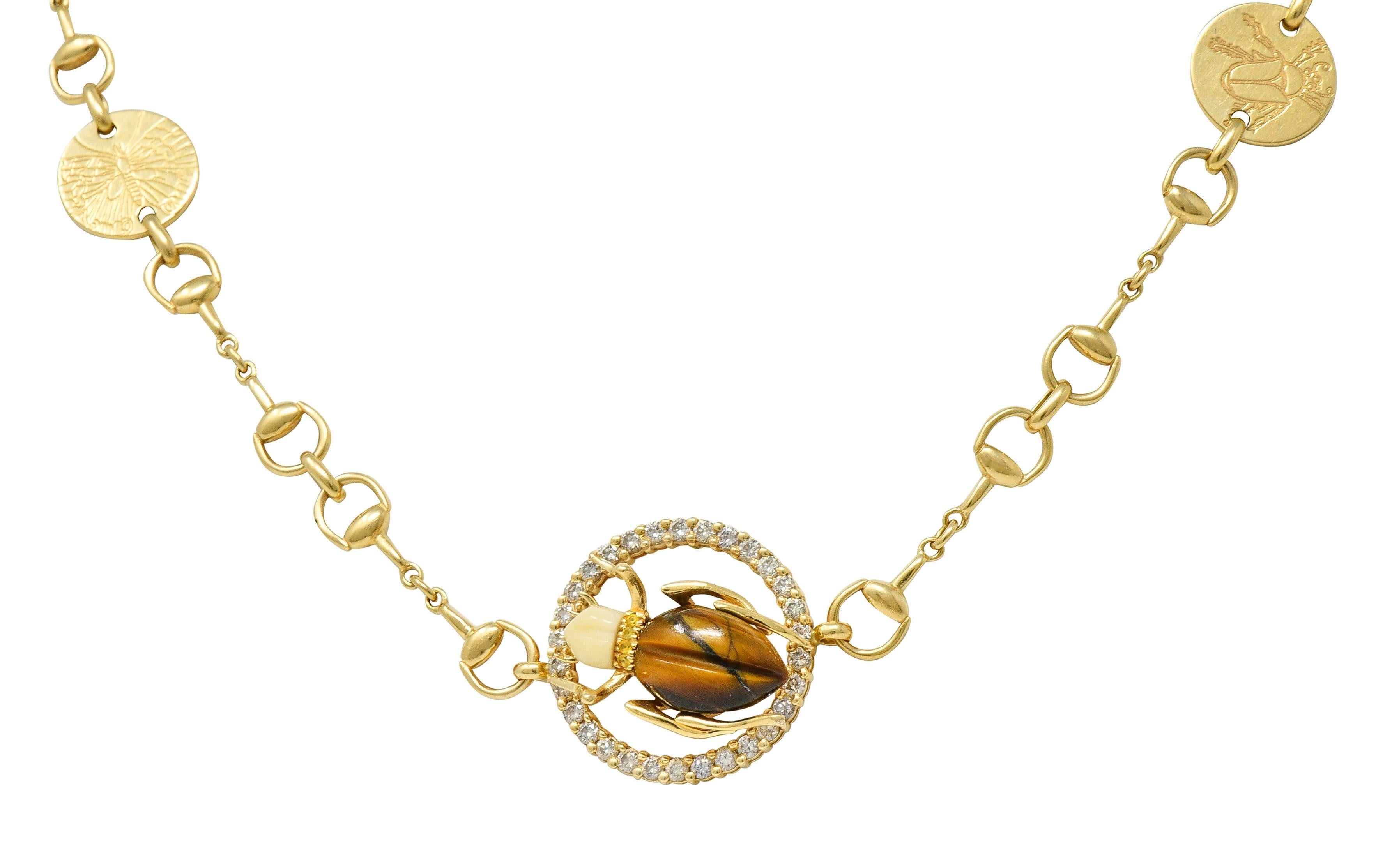 Women's or Men's Gucci 2010 Diamond Tiger's Eye 18 Karat Yellow Gold Beetle Horsebit Necklace For Sale