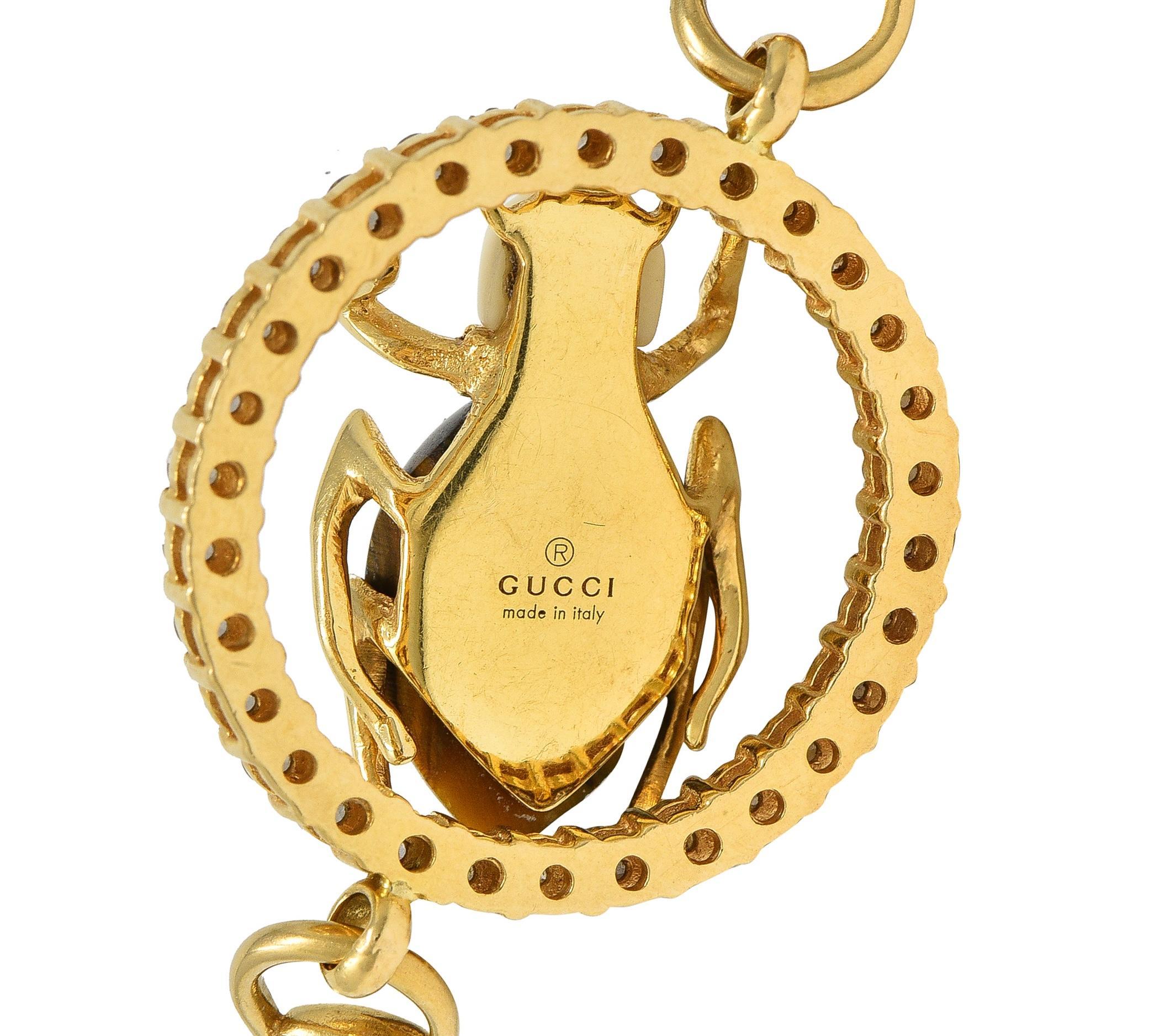 Gucci 2010 Diamond Tiger's Eye 18 Karat Yellow Gold Beetle Horsebit Necklace For Sale 2