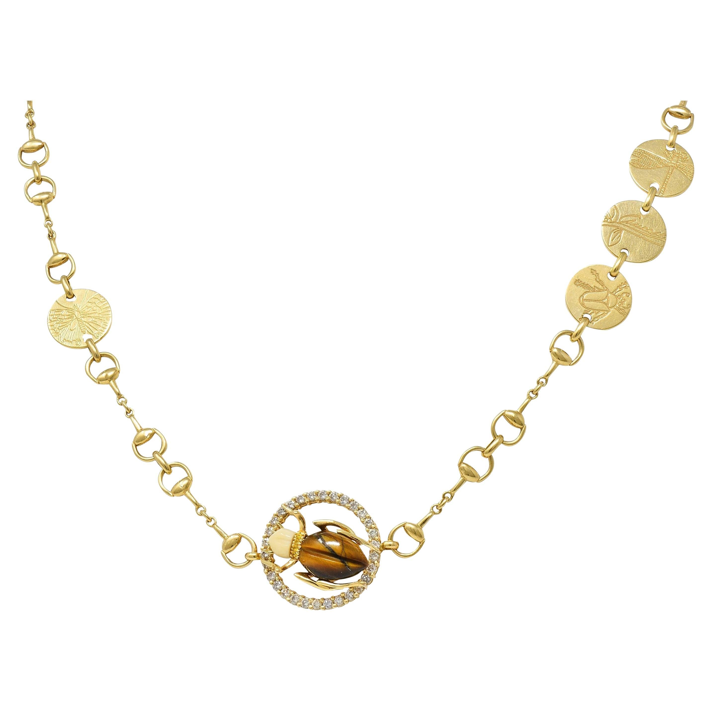 Gucci 2010 Diamond Tiger's Eye 18 Karat Yellow Gold Beetle Horsebit Necklace For Sale