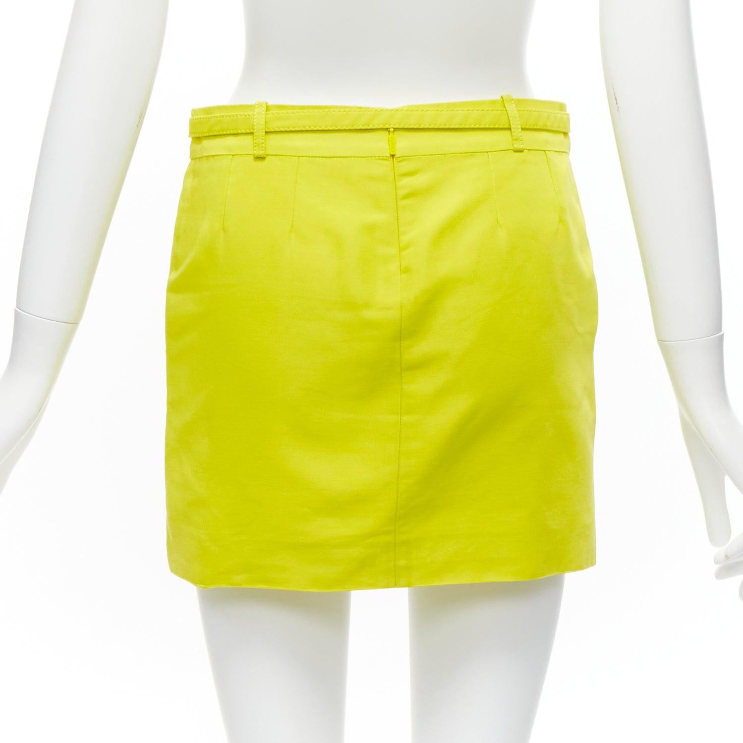 Women's GUCCI 2011 neon yellow gold skinny belt darted slant pockets mini skirt IT36 XXS