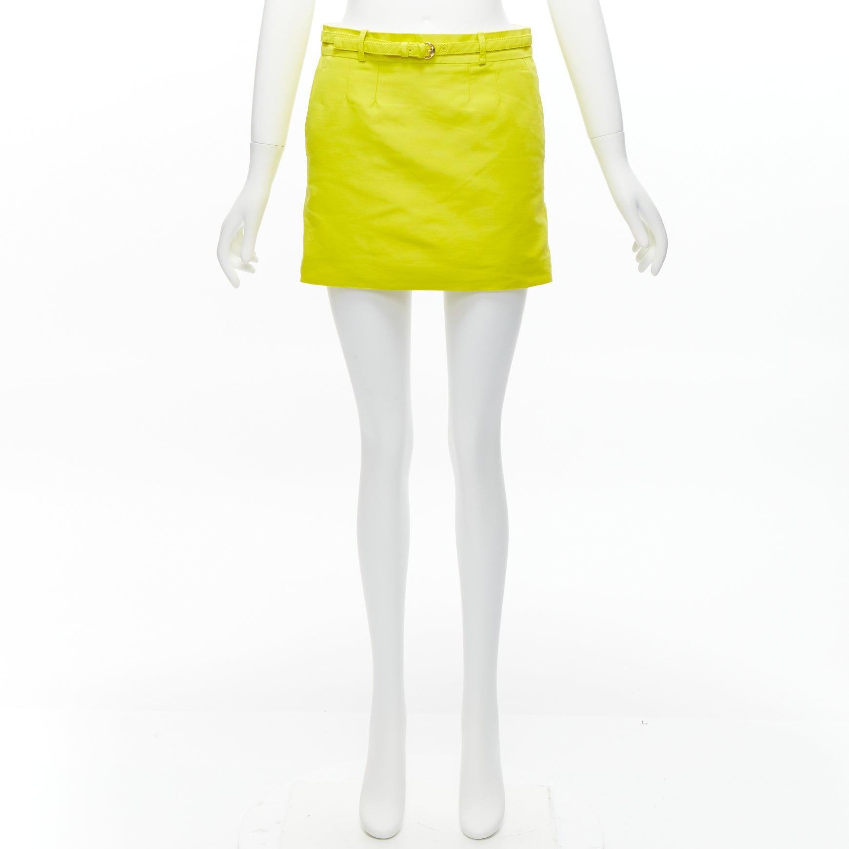 GUCCI 2011 neon yellow gold skinny belt darted slant pockets mini skirt IT36 XXS 4